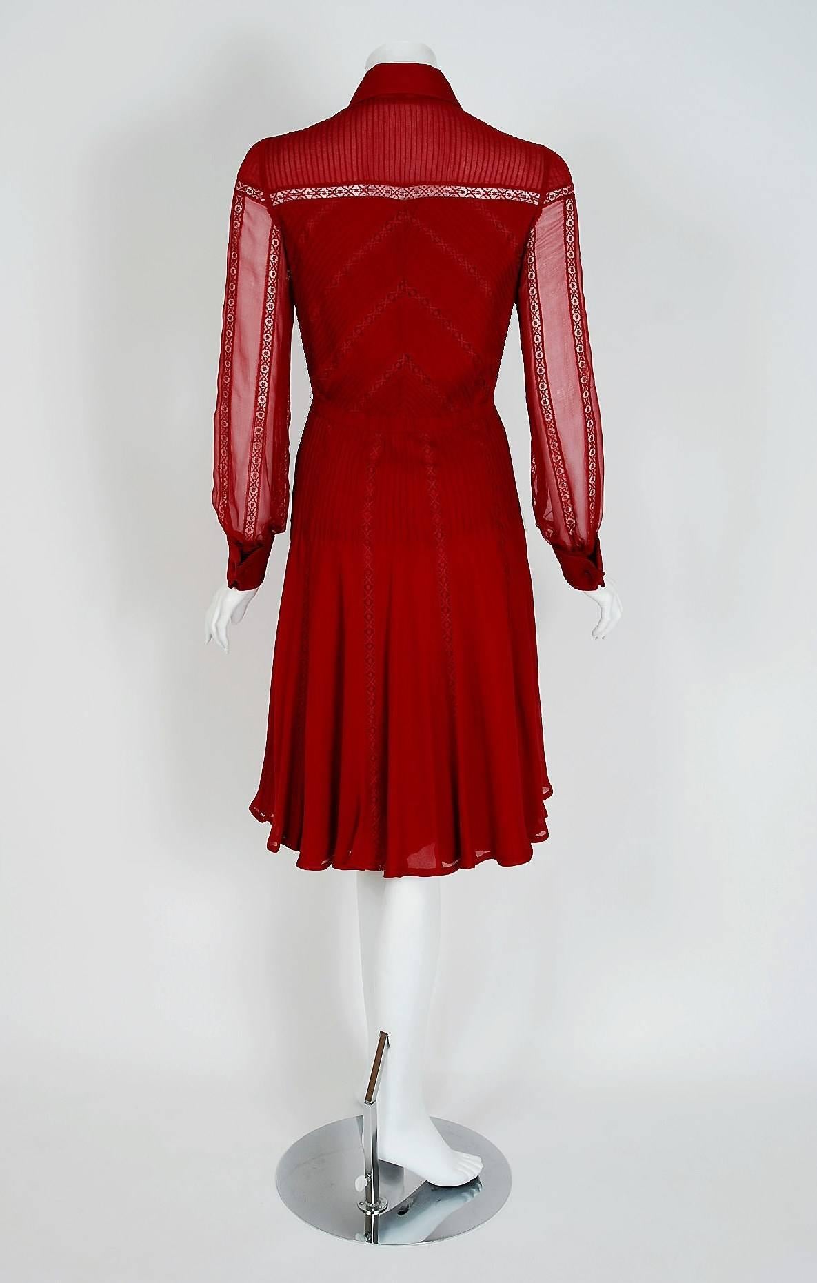 Women's 1970's Valentino Couture Burgundy-Red Silk Chiffon & Lace Pintuck Pleated Dress