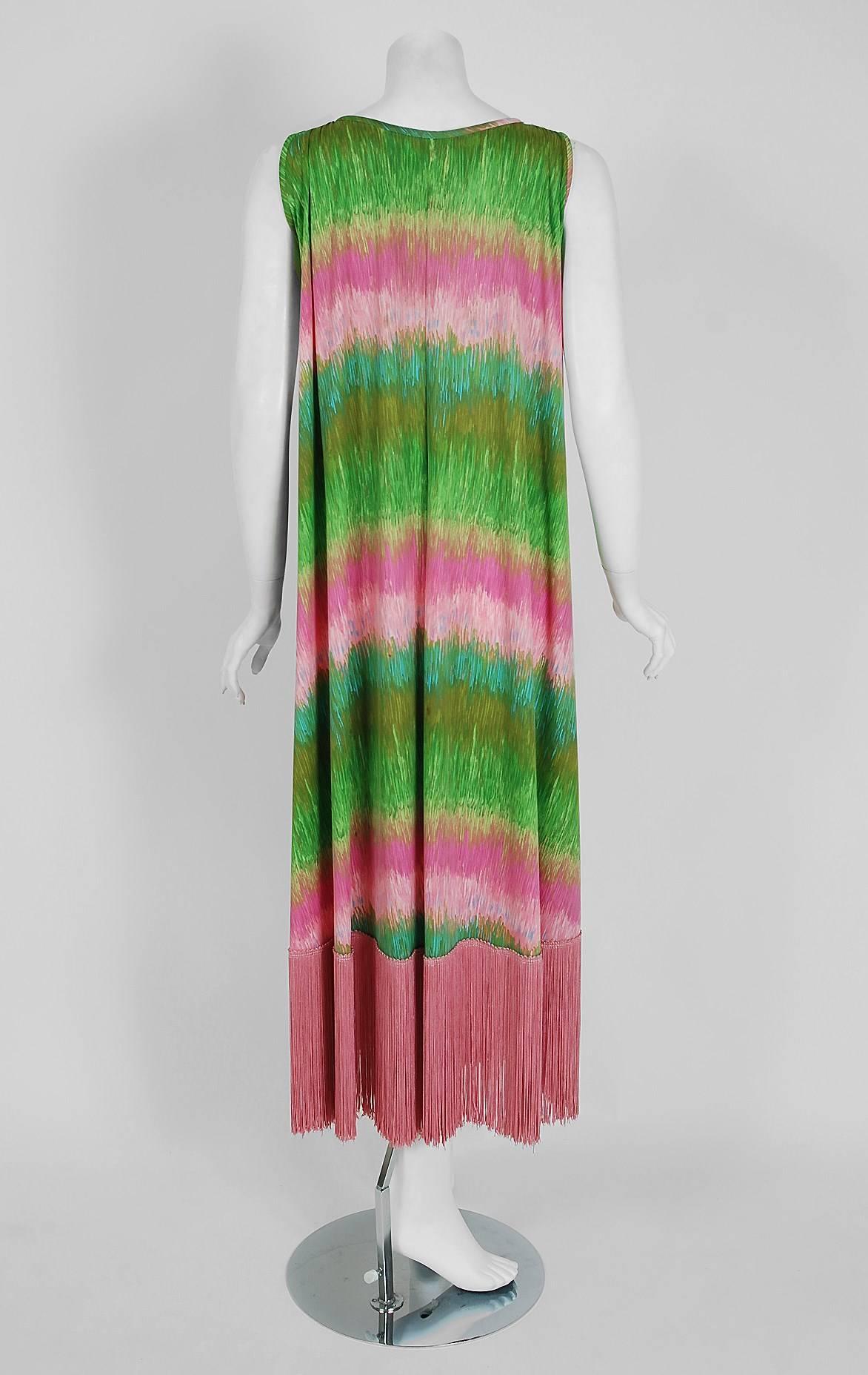 1970's Mr. Blackwell Green Pink Abstract Print Fringe Low-Plunge Caftan Dress  1