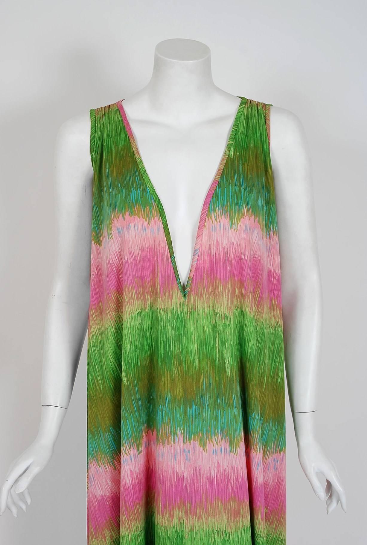 Exquisite 1970's green and pink abstract print dress by the famous 