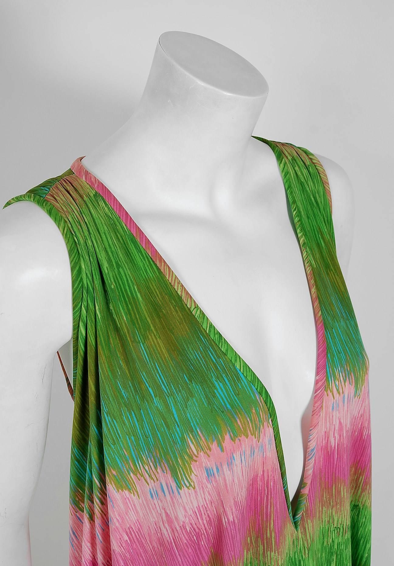 Brown 1970's Mr. Blackwell Green Pink Abstract Print Fringe Low-Plunge Caftan Dress 