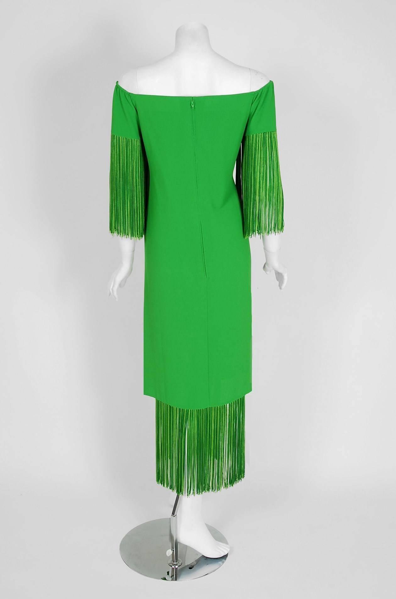 1970's Mr. Blackwell Vibrant Green Crepe Fringe Off-Shoulder Bohemian Dress  1
