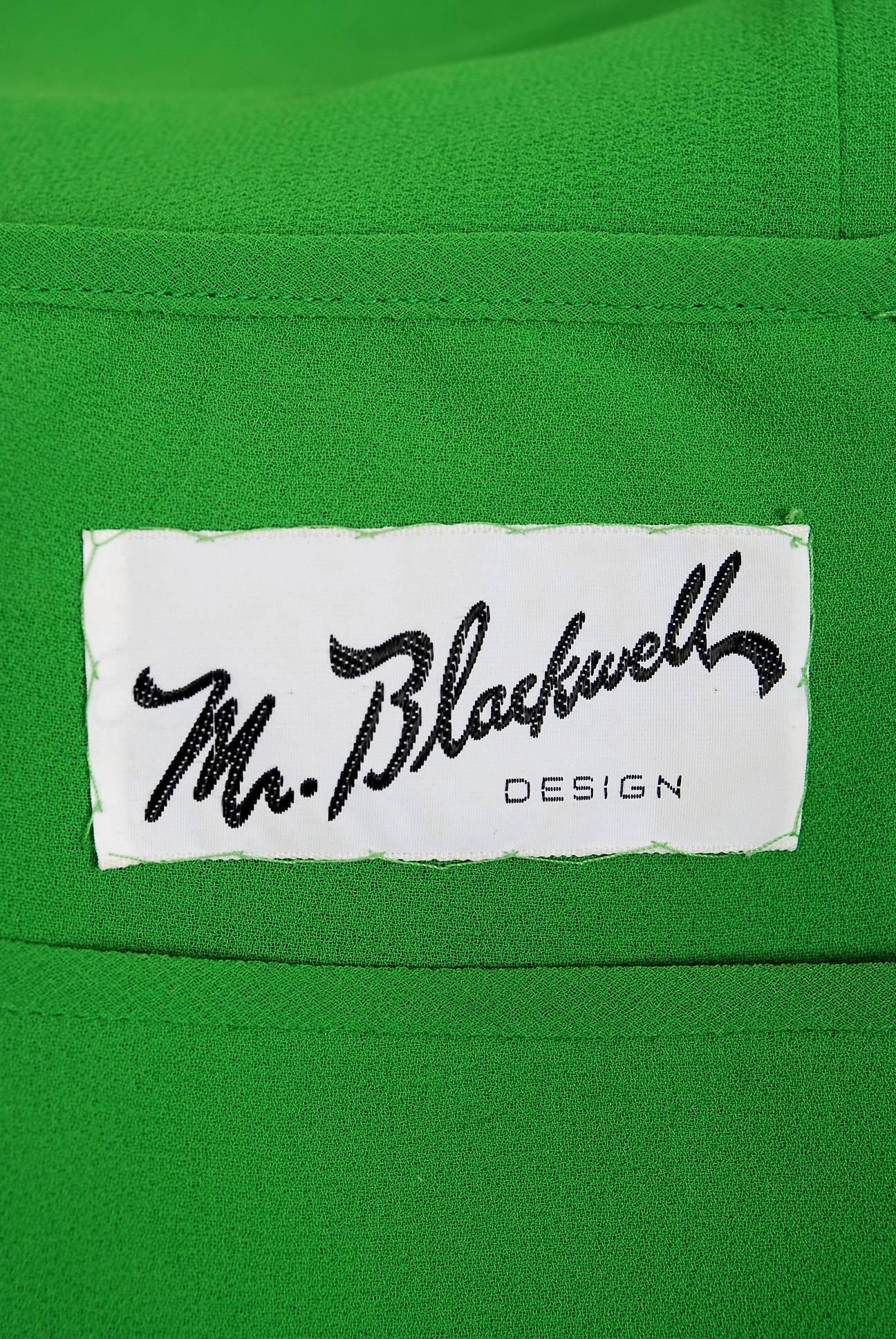 1970's Mr. Blackwell Vibrant Green Crepe Fringe Off-Shoulder Bohemian Dress  2