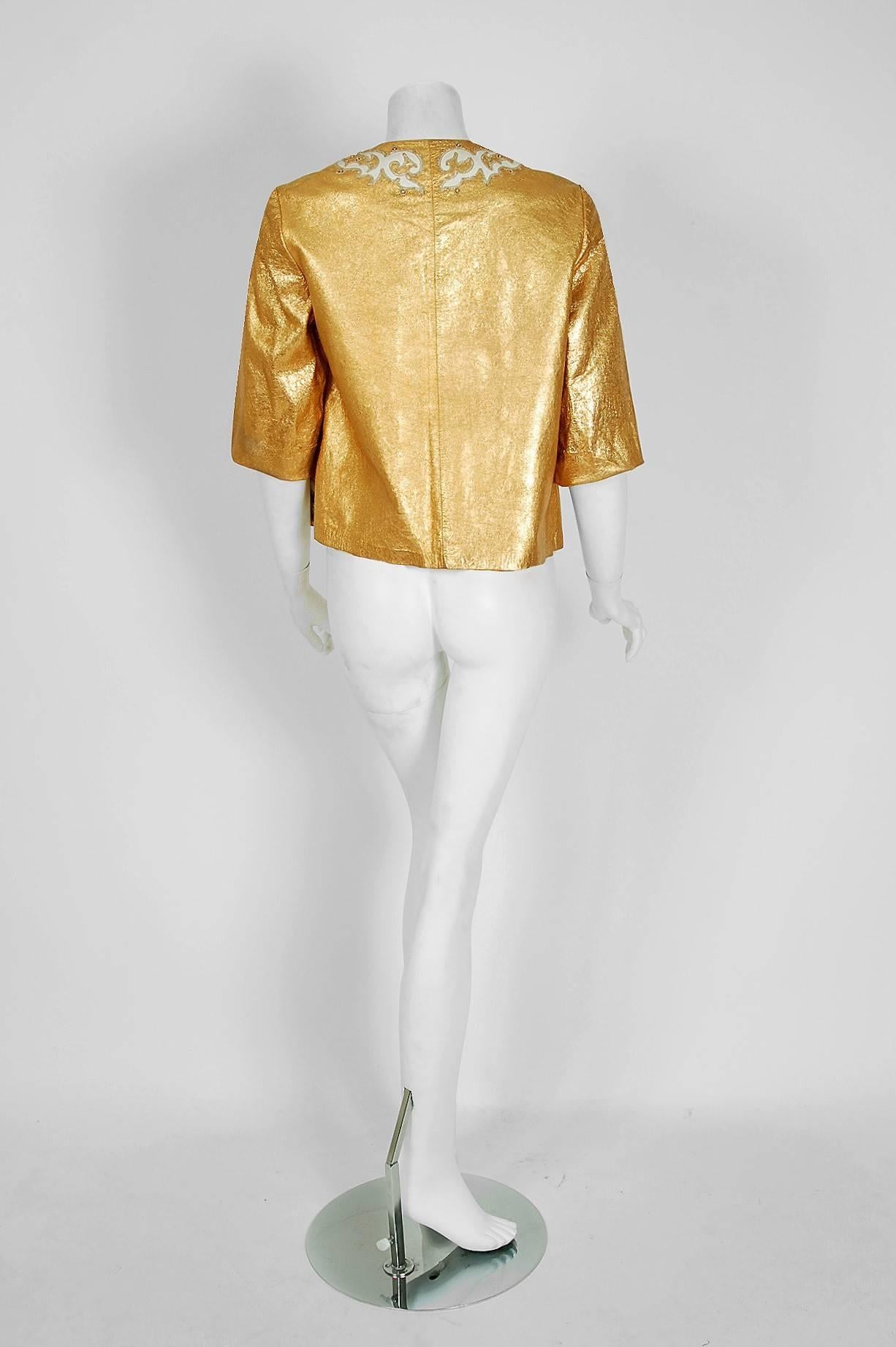 1950's Metallic-Gold Leather Rhinestone Embroidered Applique Cropped Jacket 2