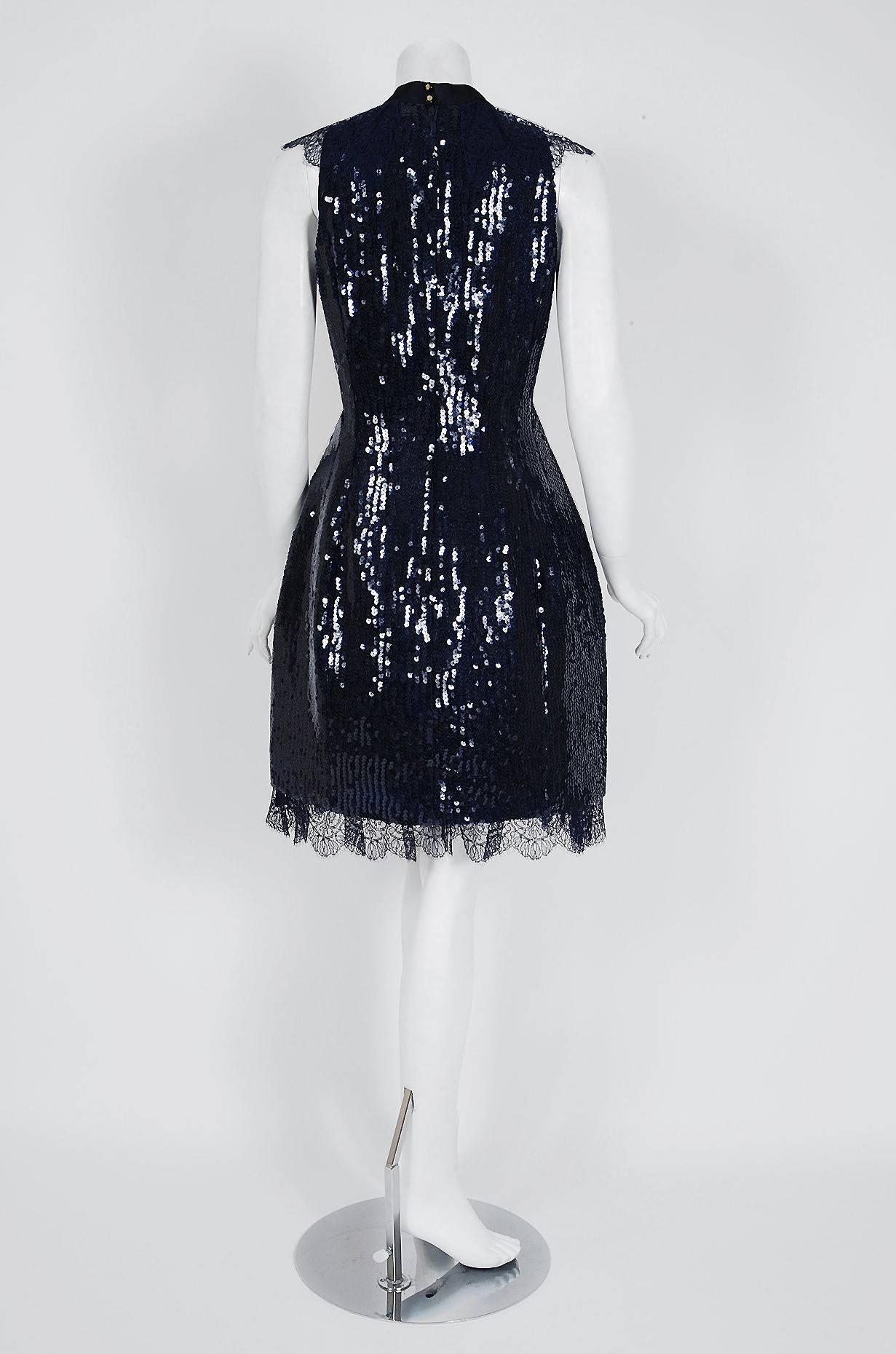 1987 Chanel Runway Navy-Blue Sequin Satin & Chantilly-Lace Cocktail Mini Dress 1