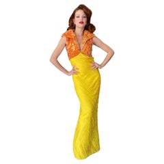 1968 La Mendola Couture Heavily Pleated Yellow Silk-Jersey Beaded Glamour Gown