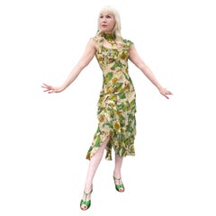 2005 John Galliano Green & Beige Floral Print Silk Tiered Ruffle Bias-Cut Dress