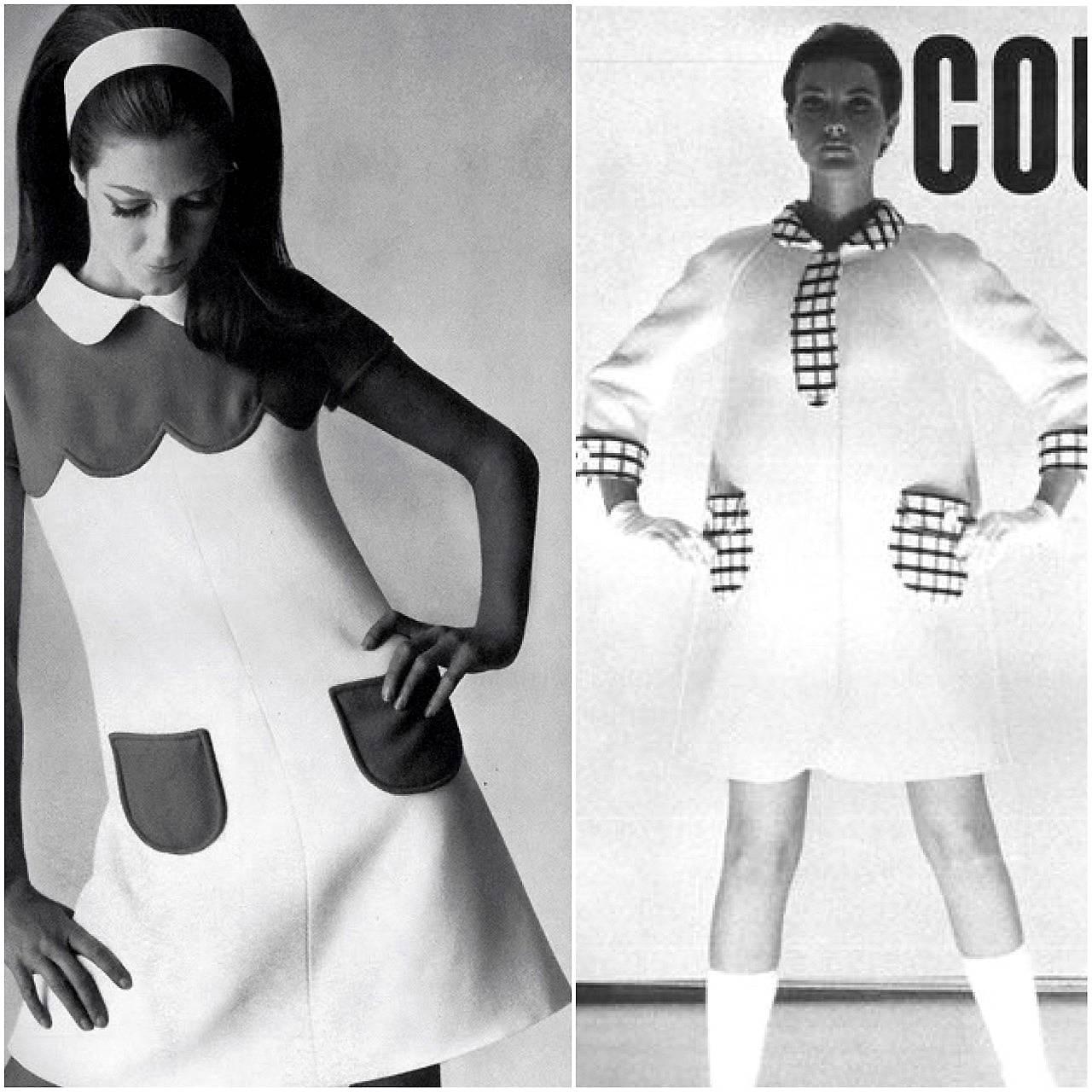 Andre Courreges launched his Space-Age collection in 1964. The shapes of his clothes were geometric: squares, trapezoids, triangles. The main features of his ultra-modern, uncluttered look spread quickly throughout the fashion world, especially the