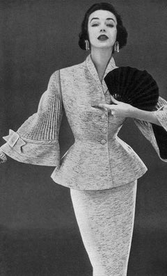 1952 Lilli-Ann Ivory Flecked Wool Rhinestone Pleated Bell-Sleeve Cocktail Suit
