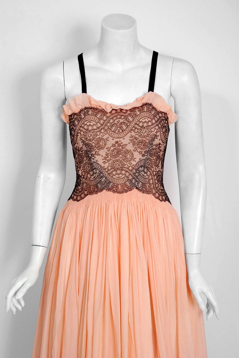 1940s Floral Print Silk Chiffon and Lace Gown