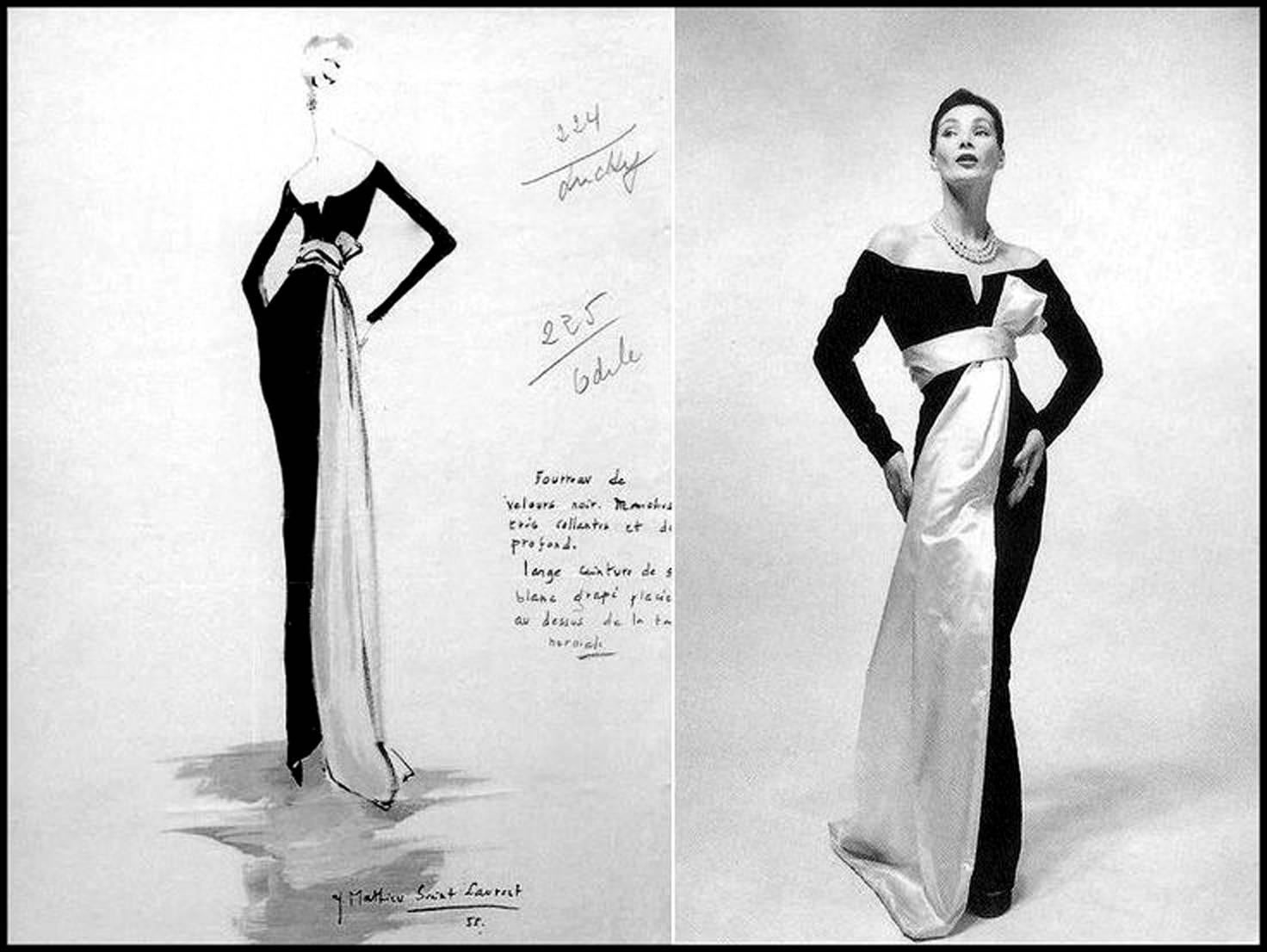 Women's 1950's Philip Hulitar Black Velvet & Ivory Satin Low-Plunge Sash Evening Gown