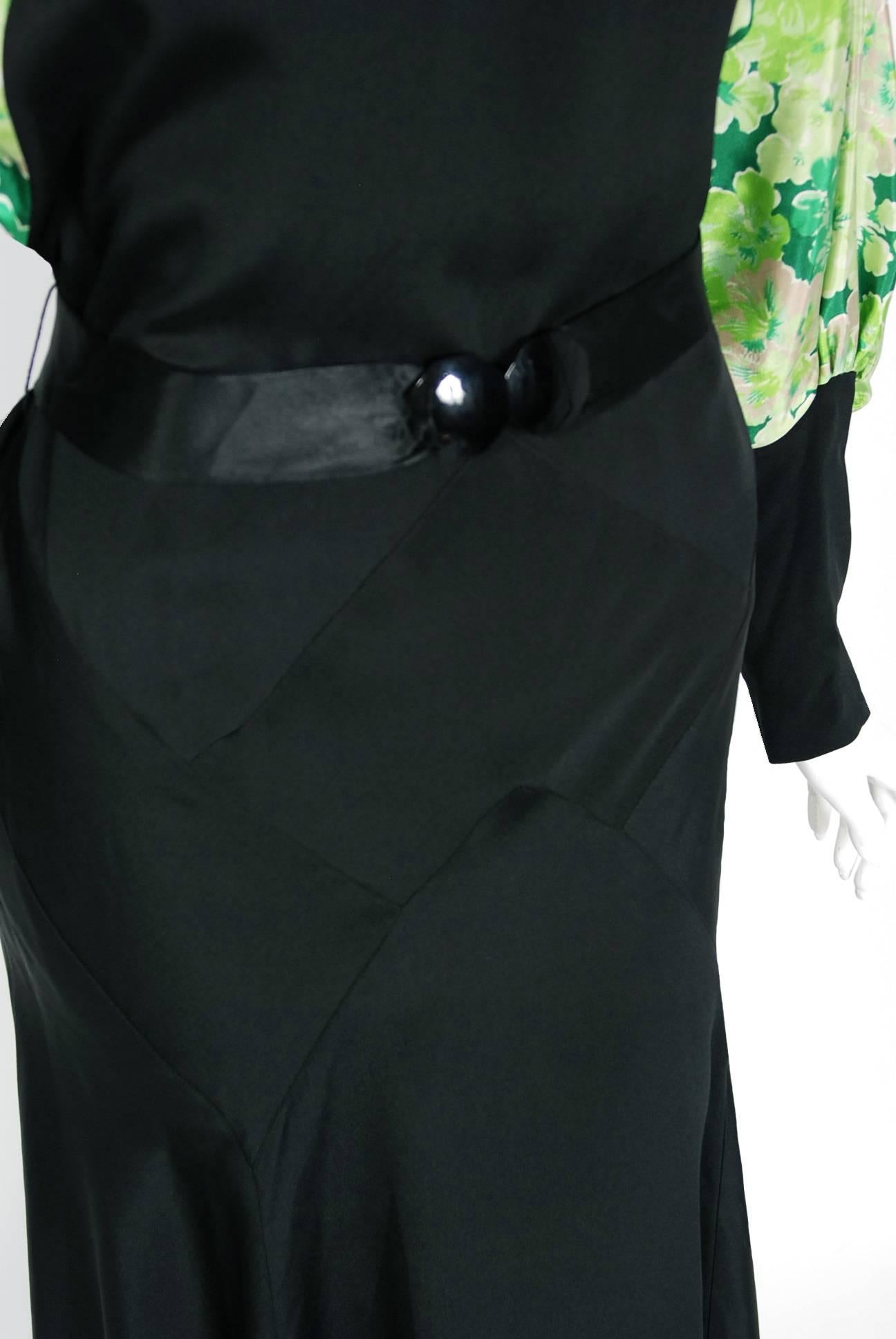 Women's 1930's French Black & Green Print Silk Billow Sleeve Smocked Bias-Cut Dress