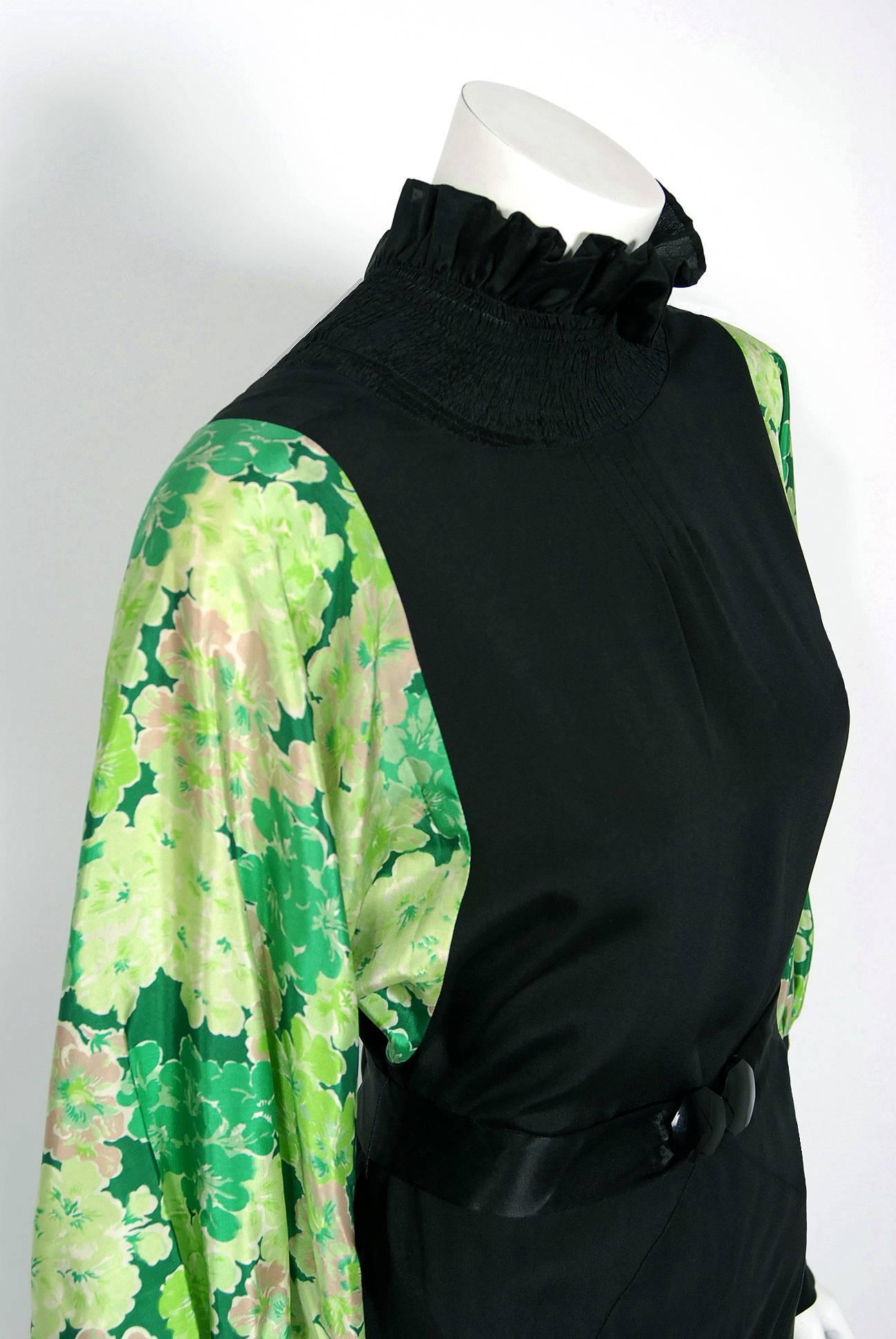 1930's French Black & Green Print Silk Billow Sleeve Smocked Bias-Cut Dress In Excellent Condition In Beverly Hills, CA