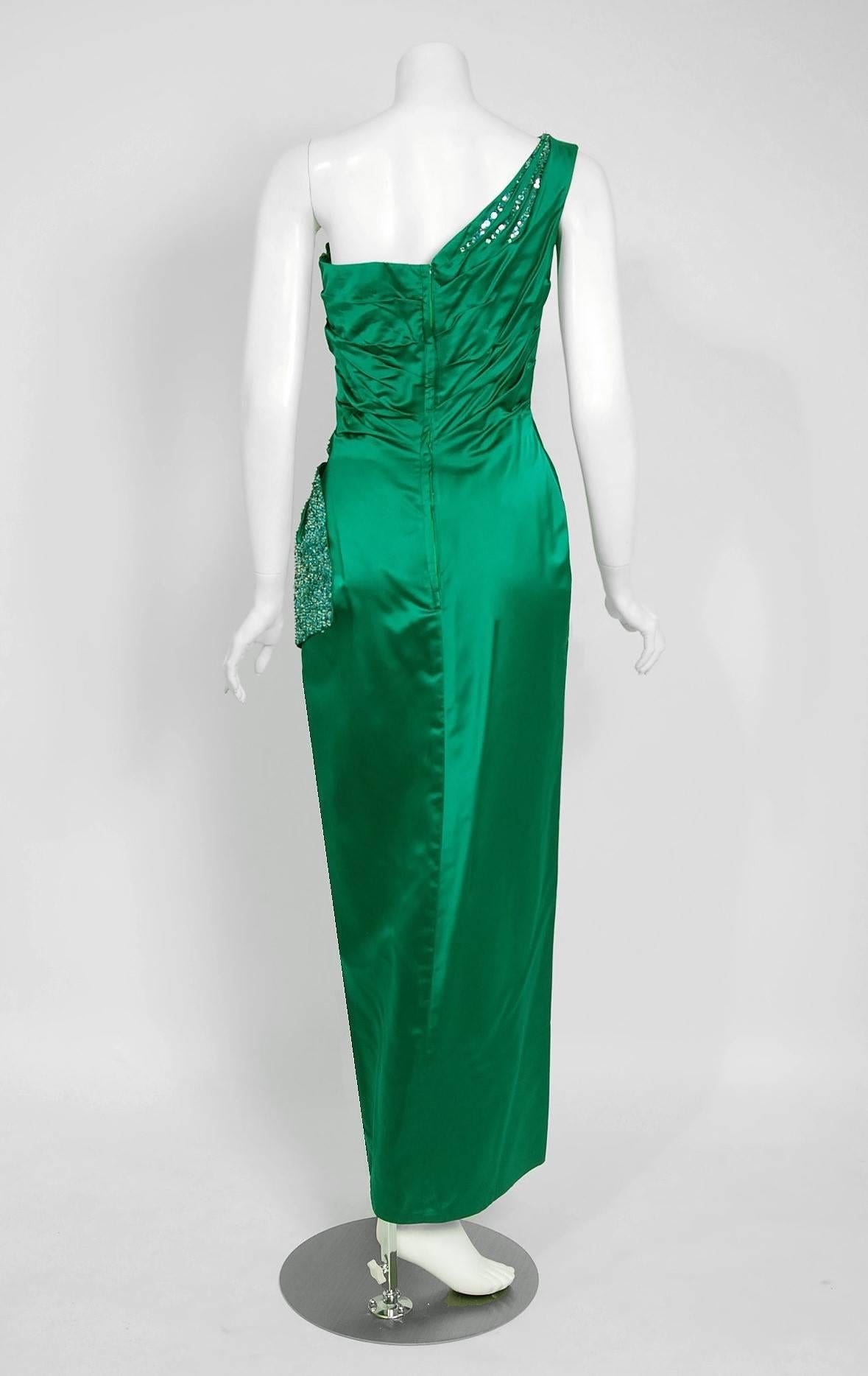 1950's Ceil Chapman Beaded Sequin Green Ruched Satin One-Shoulder Evening Gown 2
