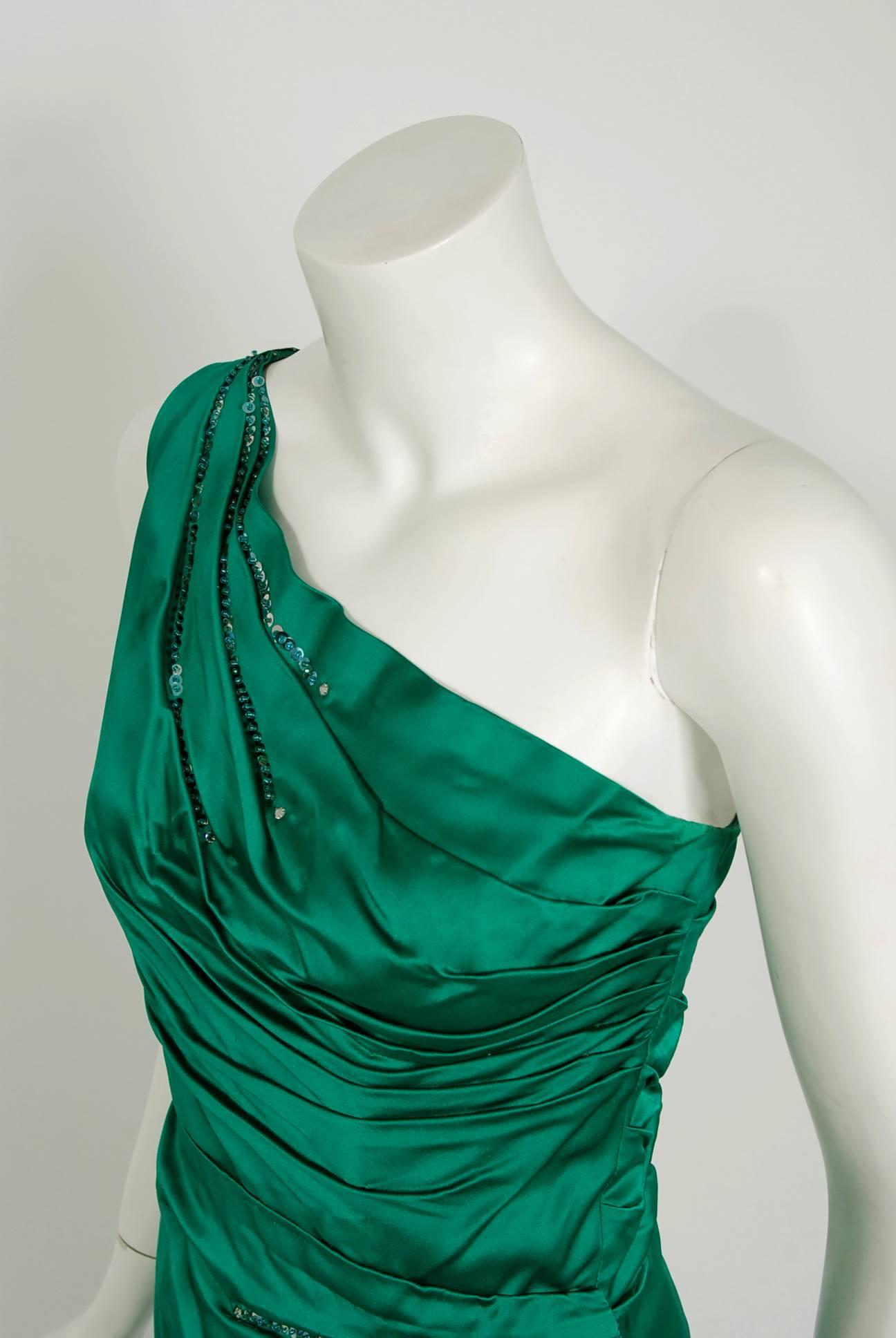 1950's Ceil Chapman Beaded Sequin Green Ruched Satin One-Shoulder Evening Gown In Excellent Condition In Beverly Hills, CA