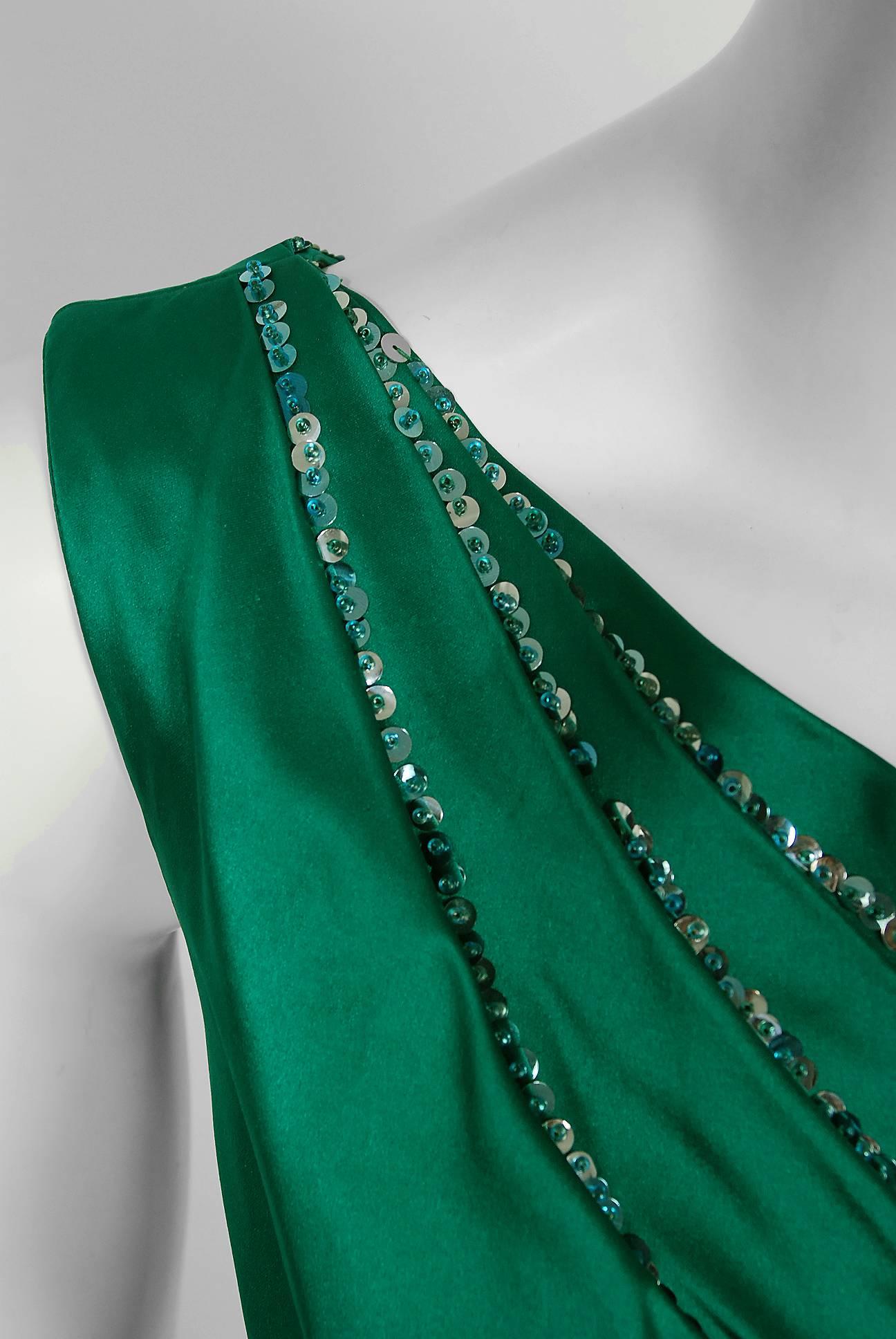 Women's 1950's Ceil Chapman Beaded Sequin Green Ruched Satin One-Shoulder Evening Gown