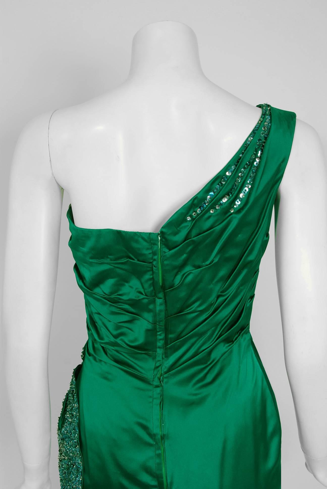 1950's Ceil Chapman Beaded Sequin Green Ruched Satin One-Shoulder Evening Gown 3