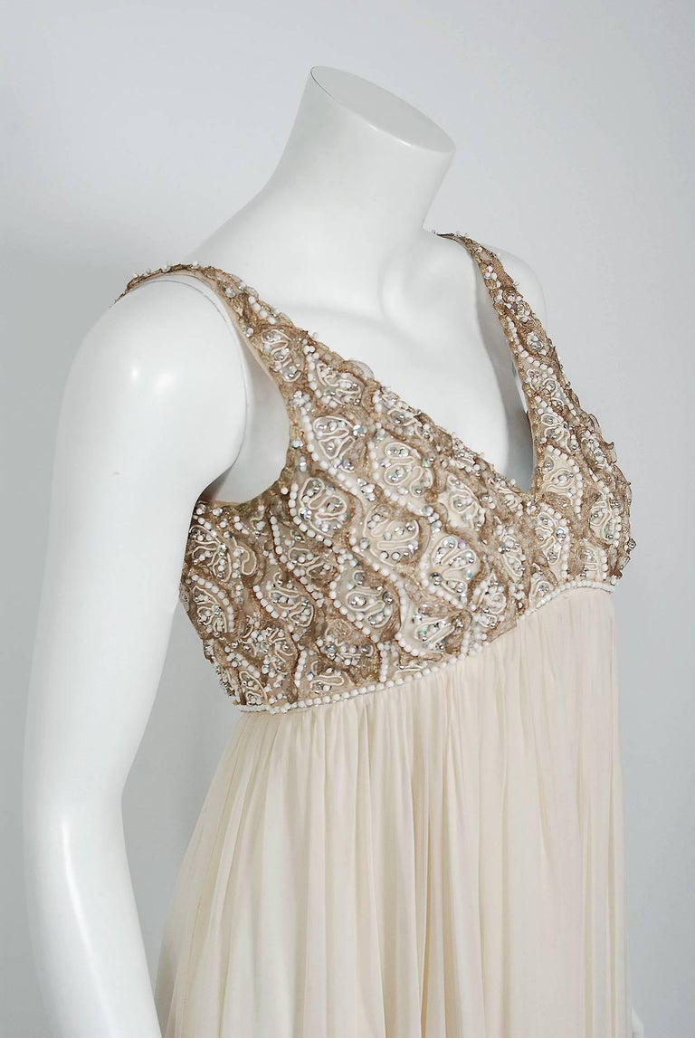 Gray Vintage 1960's Malcolm Starr Beaded Ivory Chiffon Empire Goddess Bridal Gown For Sale