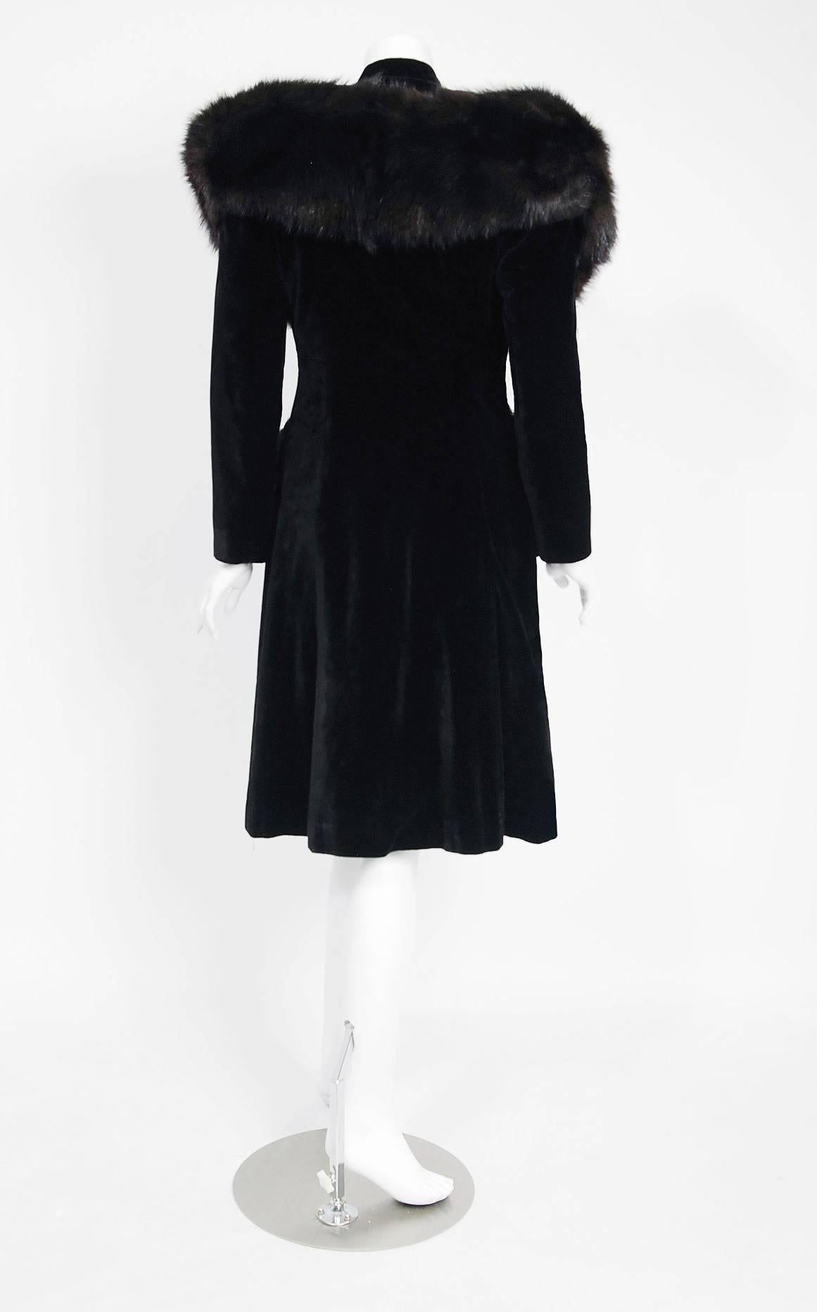 French Black Velvet and Genuine Fox Fur Belted Princess Coat Jacket, 1940s  1