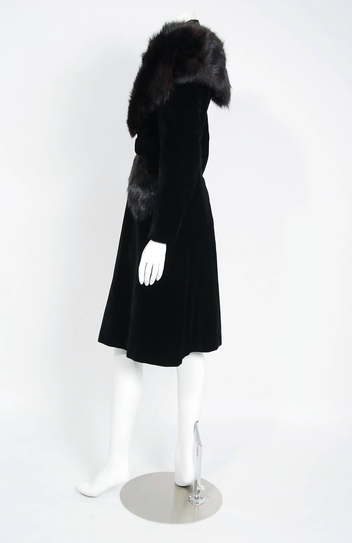 Women's French Black Velvet and Genuine Fox Fur Belted Princess Coat Jacket, 1940s 