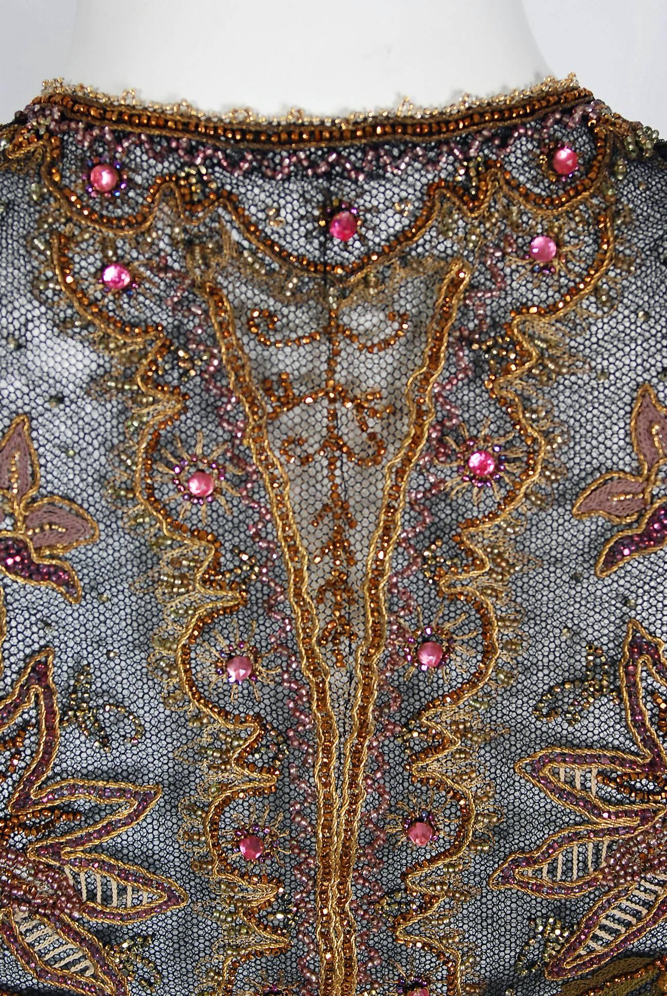 Women's Vintage 1910s Edwardian Couture Embroidered Beaded Sheer Net Art-Nouveau Vest For Sale