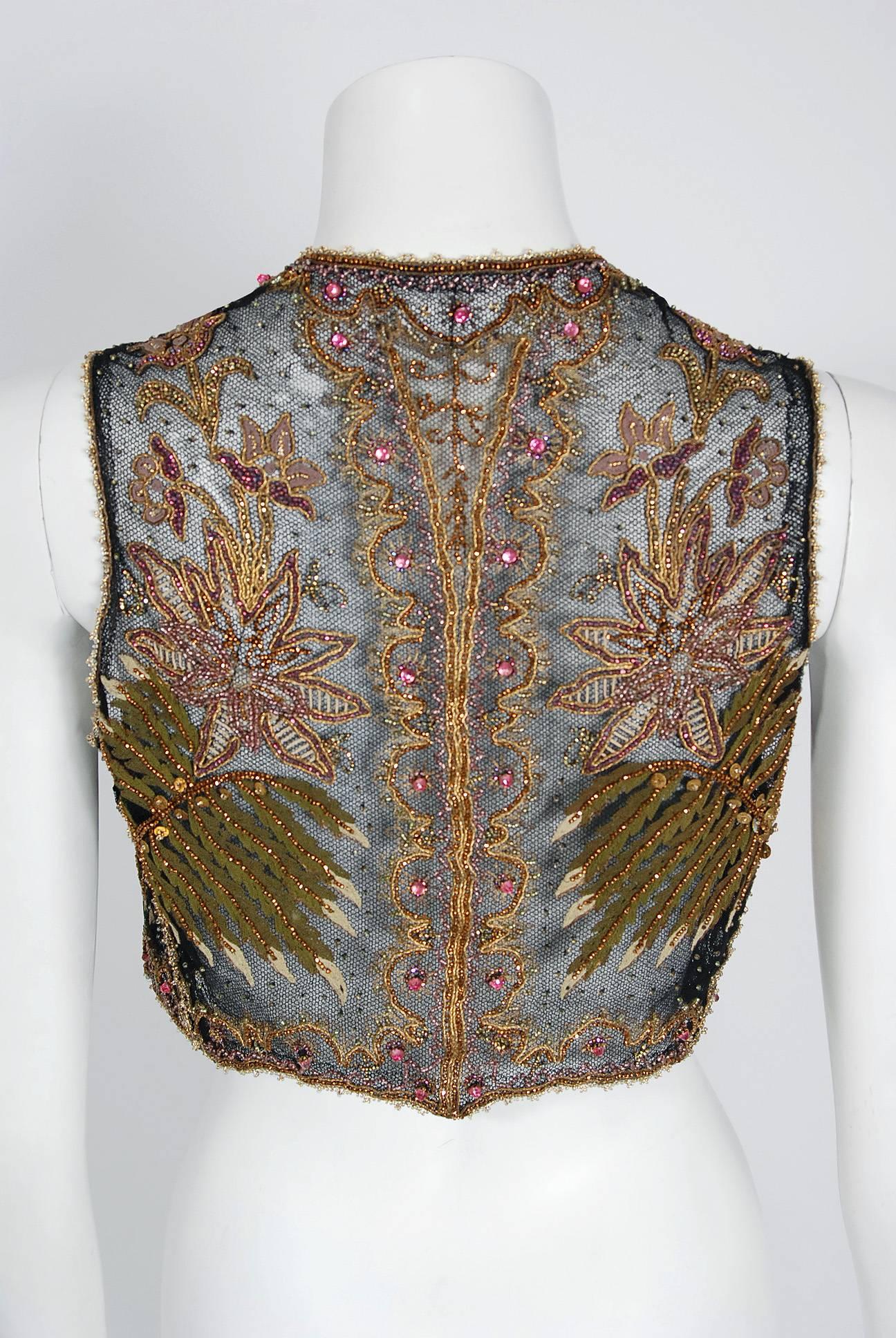 Vintage 1910s Edwardian Couture Embroidered Beaded Sheer Net Art-Nouveau Vest In Good Condition For Sale In Beverly Hills, CA