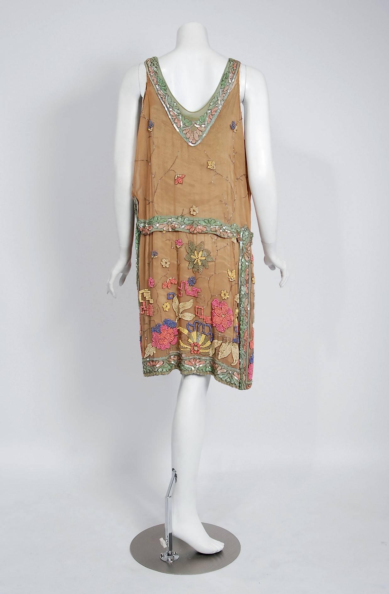 Vintage 1920's Henri Bendel Couture Beaded Floral Silk Lamé Flapper Deco Dress In Fair Condition In Beverly Hills, CA