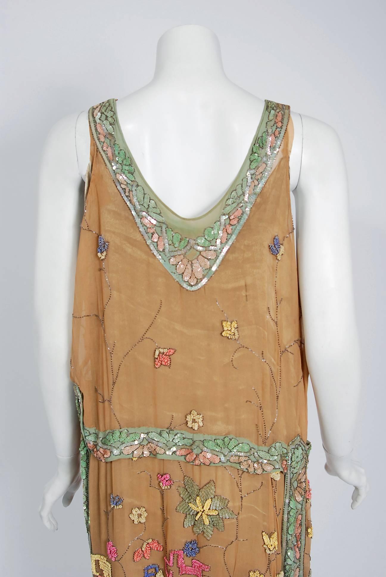 Women's Vintage 1920's Henri Bendel Couture Beaded Floral Silk Lamé Flapper Deco Dress