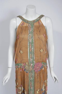 Vintage 1920's Henri Bendel Couture Beaded Floral Silk Lamé Flapper Deco Dress