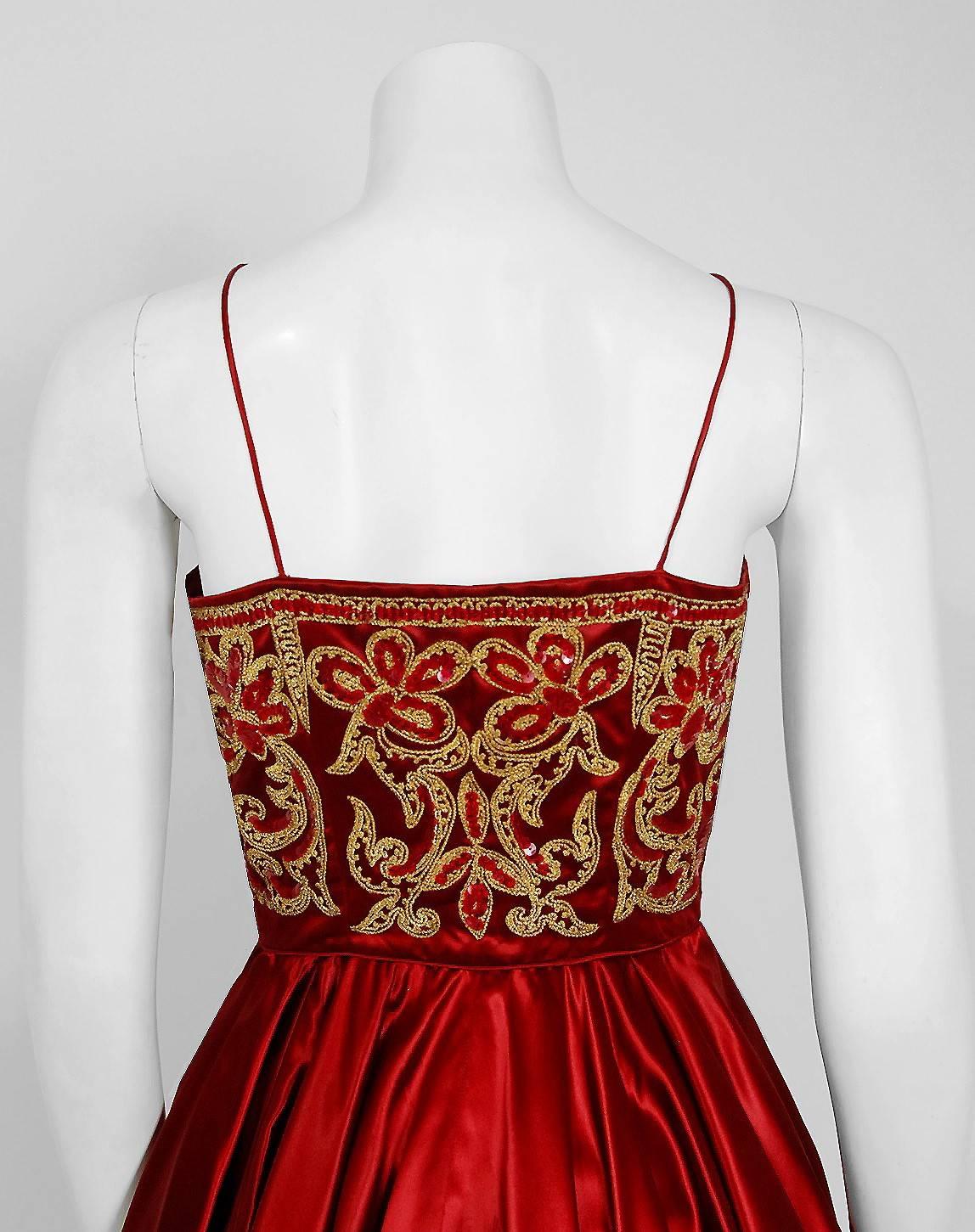 Women's 1950's Judith Lynn Couture Red Satin Metallic Embroidered Sequin Dress & Bolero