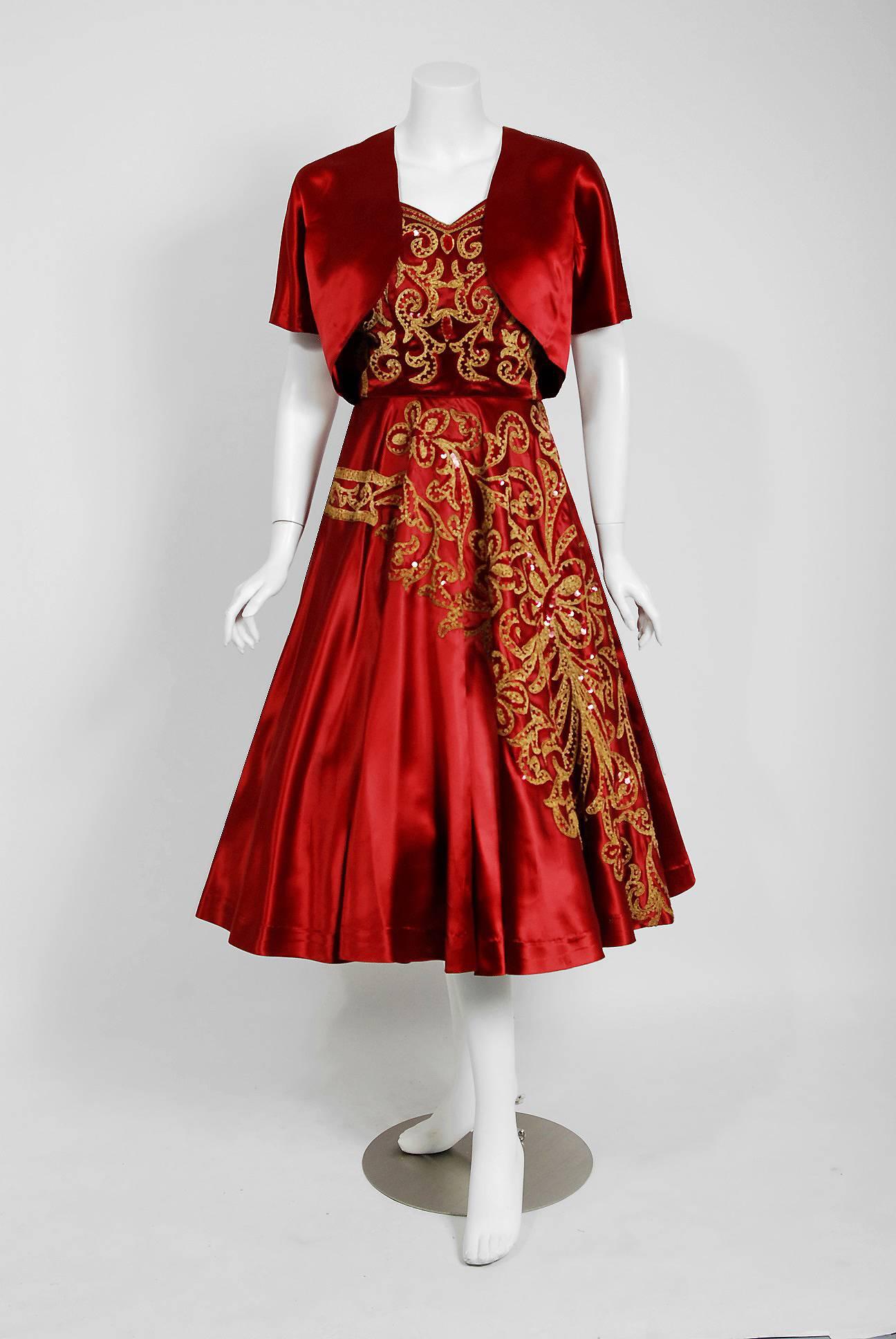 1950's Judith Lynn Couture Red Satin Metallic Embroidered Sequin Dress & Bolero In Excellent Condition In Beverly Hills, CA