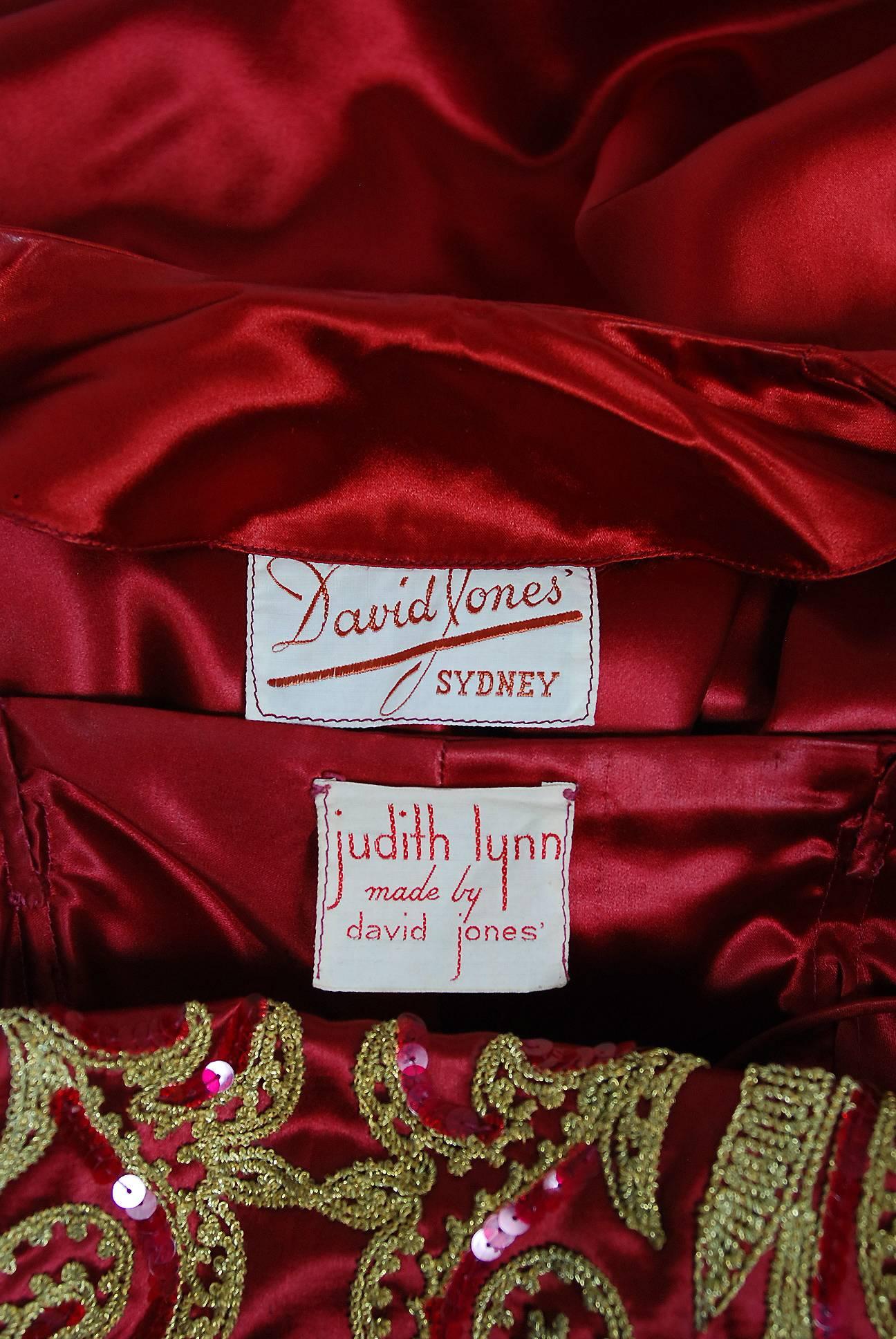 1950's Judith Lynn Couture Red Satin Metallic Embroidered Sequin Dress & Bolero 1
