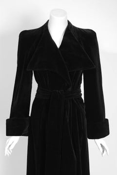 1972 Biba London Black Velvet Wide-Collar Belted Full Length Trench Coat Jacket