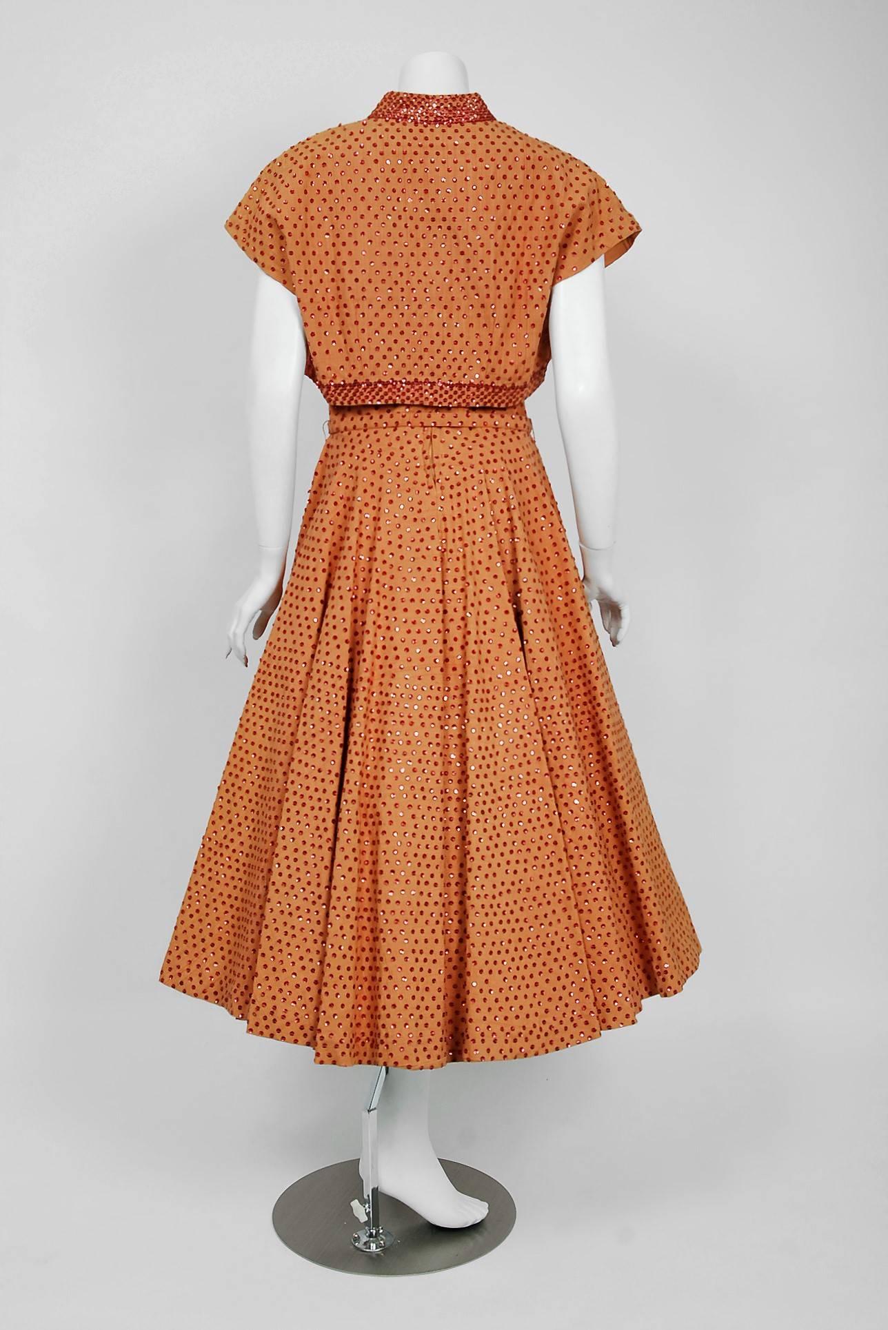 Women's 1950's Apricot Mexican Sequin Cotton Belted Circle-Skirt Dress & Bolero Jacket