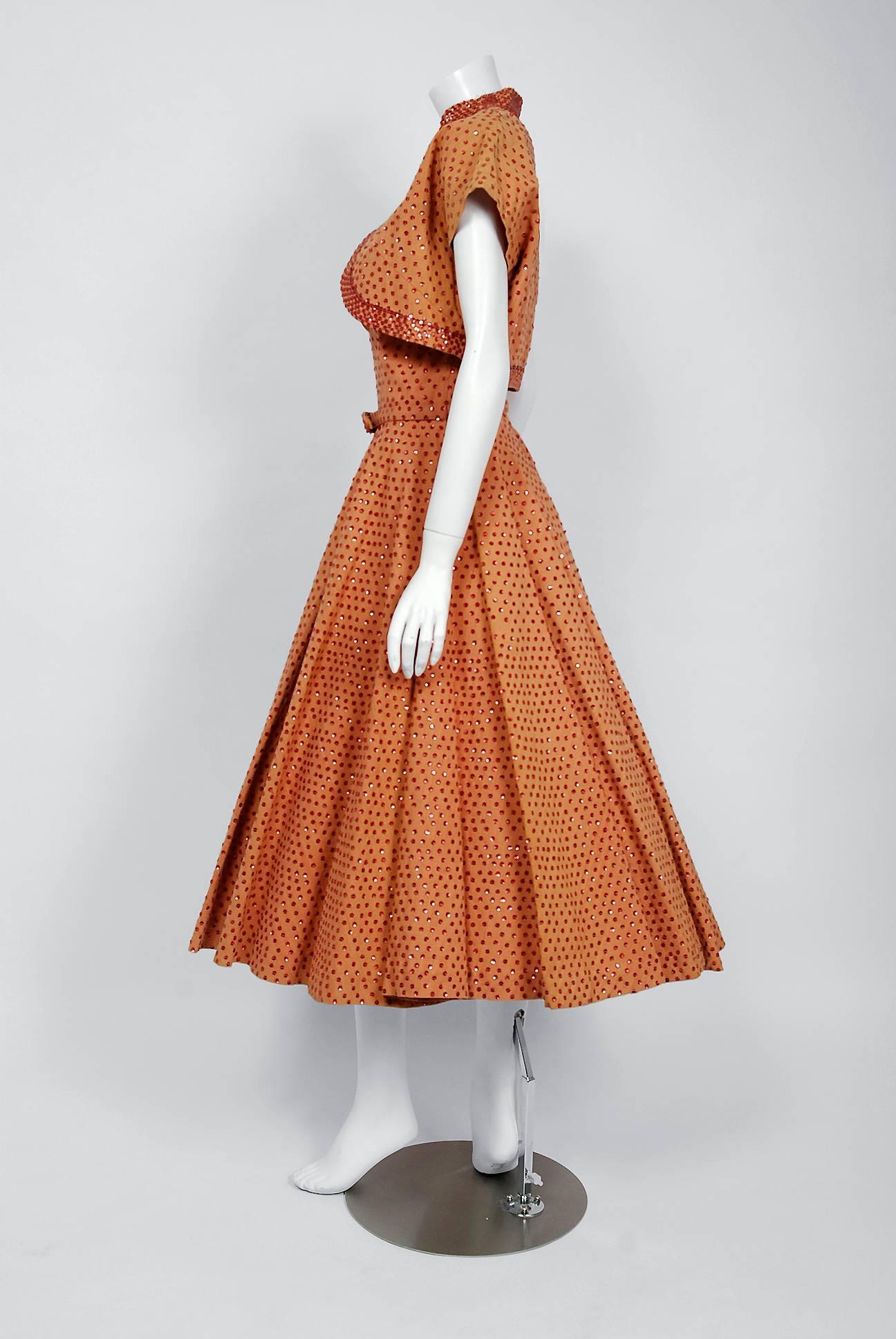 1950's Apricot Mexican Sequin Cotton Belted Circle-Skirt Dress & Bolero Jacket In Excellent Condition In Beverly Hills, CA