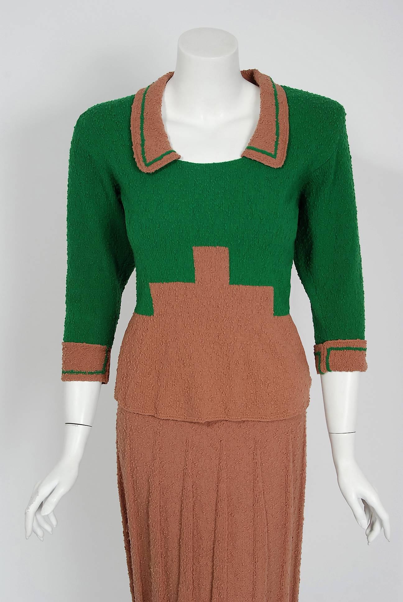 An alluring emerald-green and toffee block color deco motif boucle wool-knit ensemble from the early 1940's Old Hollywood era of glamour. The beautiful sweater blouse has slightly padded shoulders for that fantastic shape. I love the low-cut