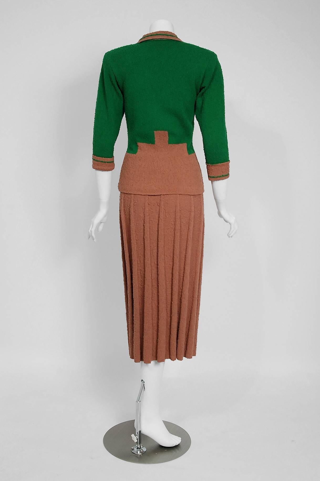 Women's 1940's Emerald Green & Toffee Deco Motif Wool-Knit Pleated Skirt Sweater Dress