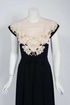 1940's Peggy Hunt Black Ivory Floral Applique Sheer Illusion Belted Swing Dress