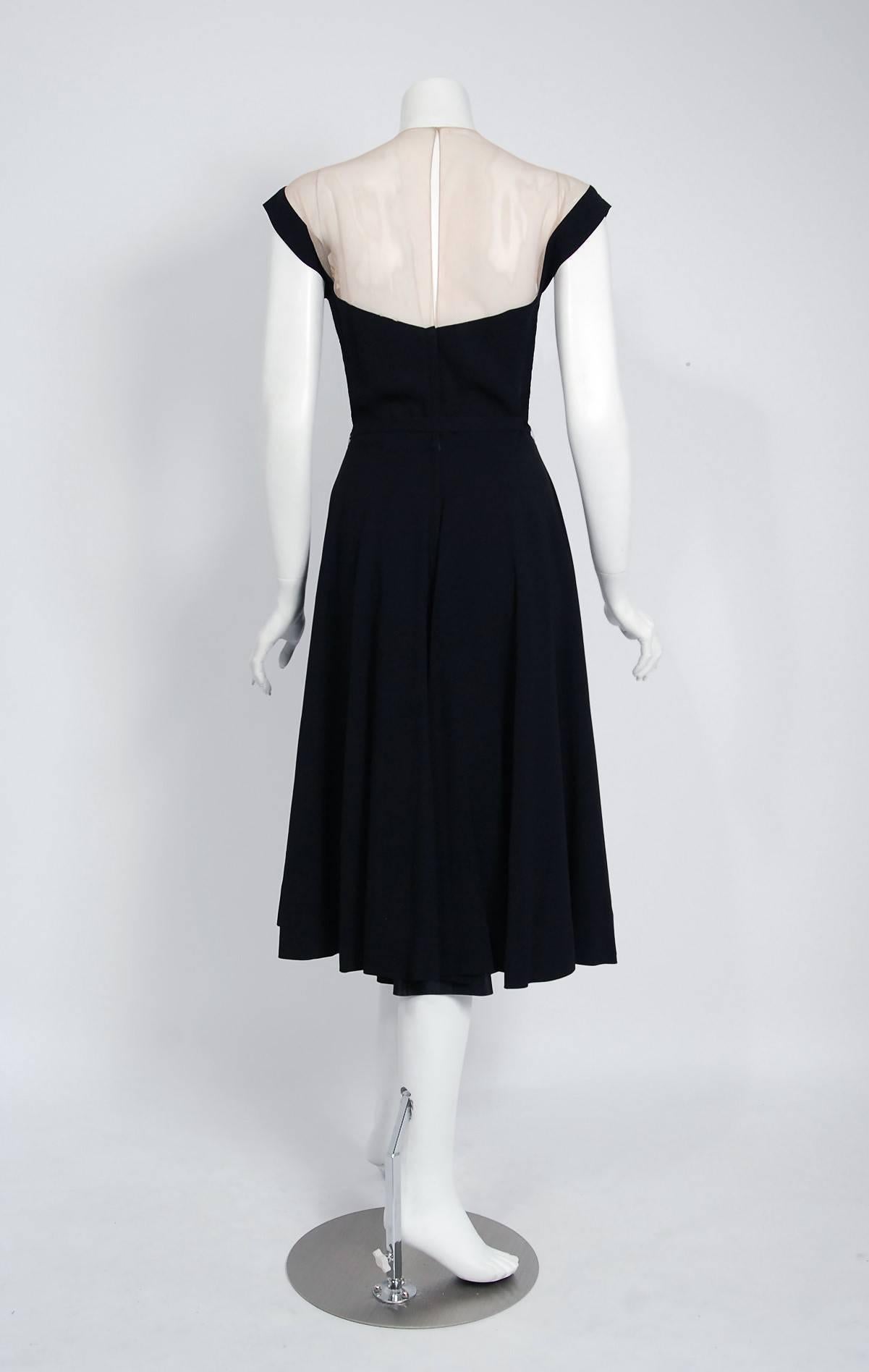 Women's 1940's Peggy Hunt Black Ivory Floral Applique Sheer Illusion Belted Swing Dress