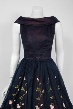 1950's Claudia Young Floral Garden Embroidered Navy Organza Belted Party Dress
