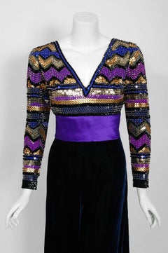 Archival 1971 Pierre Balmain Haute Couture Beaded Blue Velvet Jumpsuit & Jacket