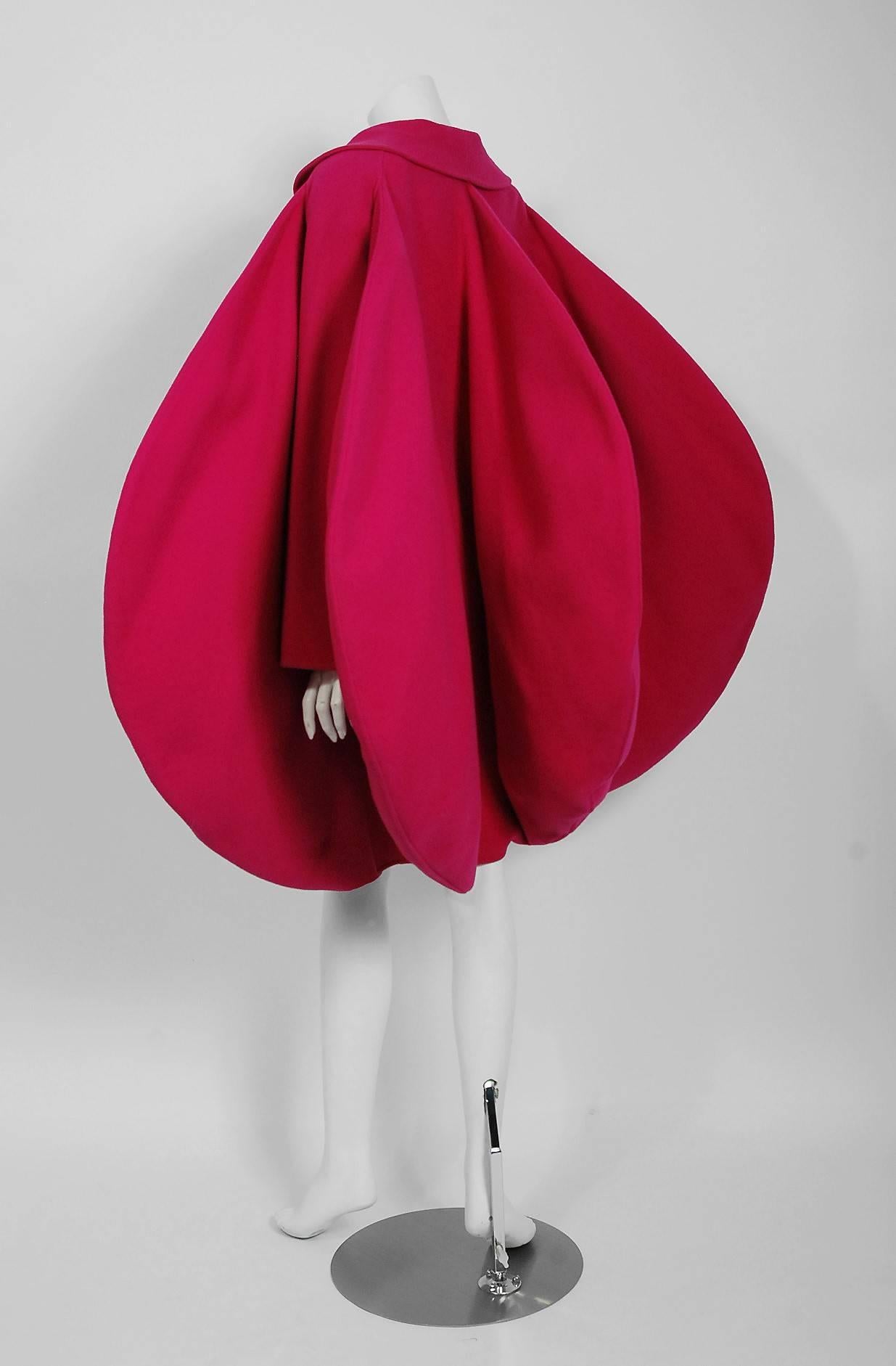 1987 Pierre Cardin Haute-Couture Magenta Pink Wool Avant Garde Fin-Back Coat  2
