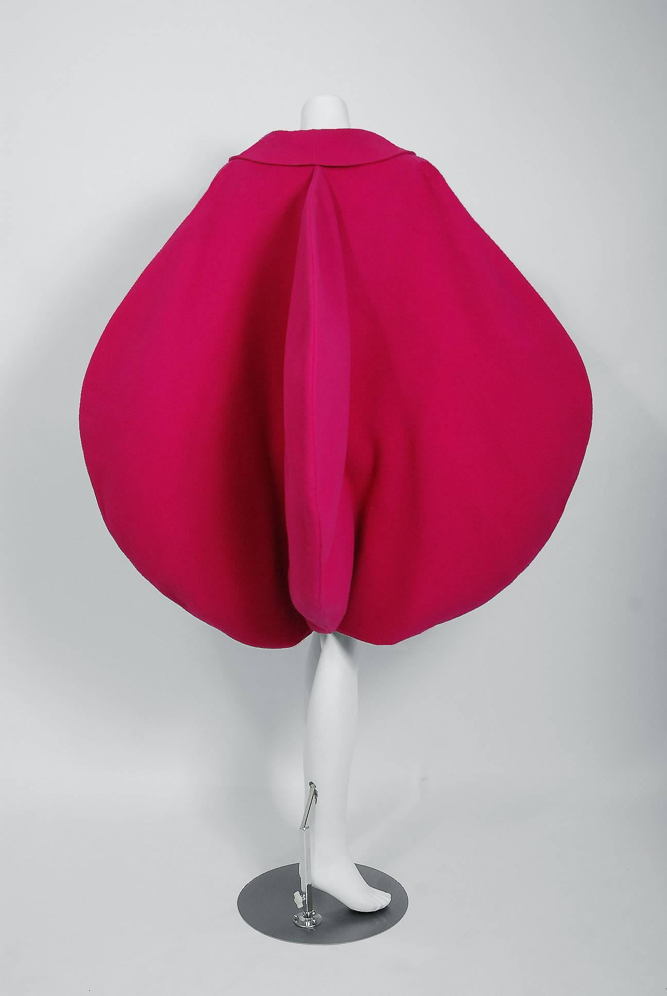 1987 Pierre Cardin Haute-Couture Magenta Pink Wool Avant Garde Fin-Back Coat  3