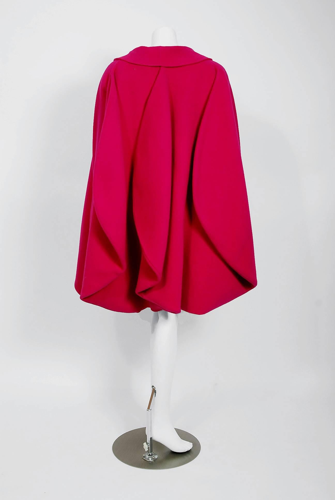1987 Pierre Cardin Haute-Couture Magenta Pink Wool Avant Garde Fin-Back Coat  4