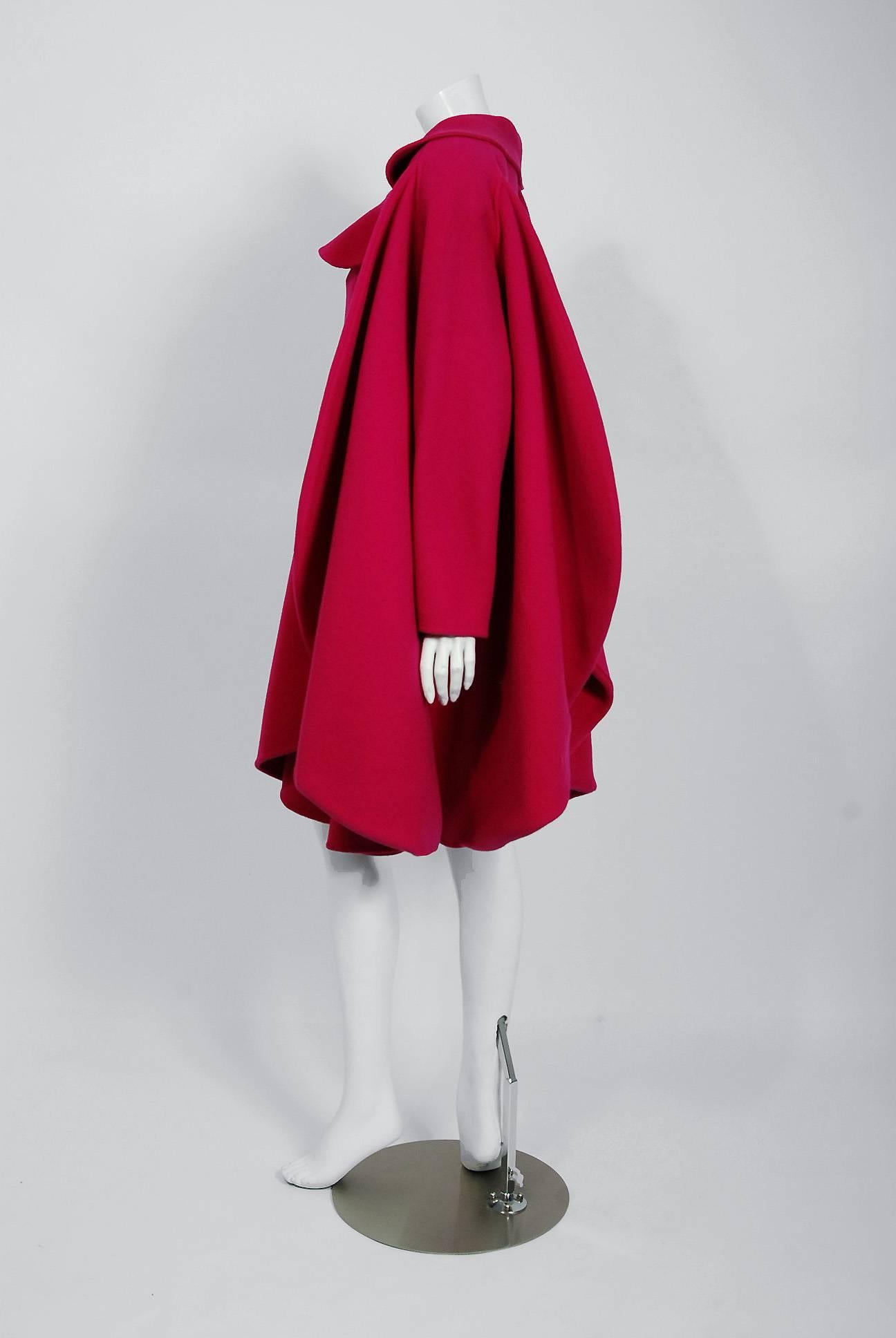 1987 Pierre Cardin Haute-Couture Magenta Pink Wool Avant Garde Fin-Back Coat  1