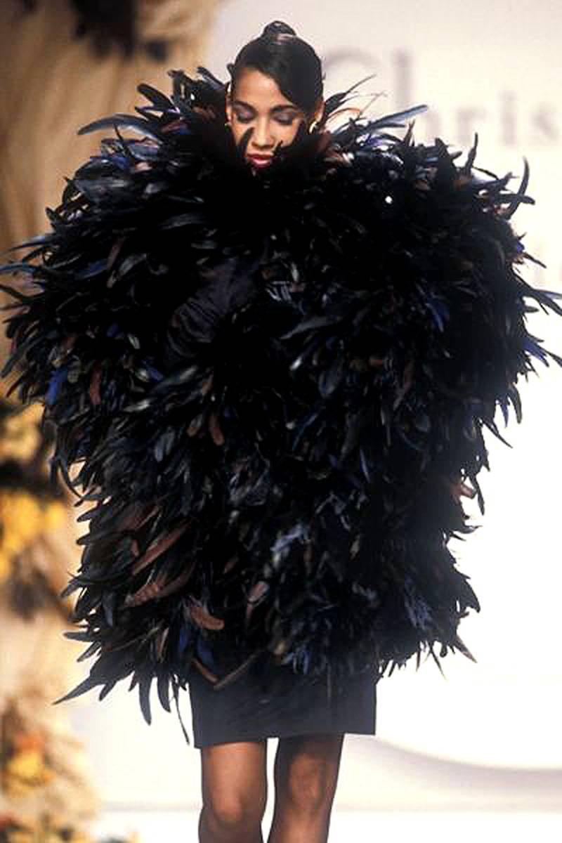 Women's 1990 Christian Dior Haute-Couture Black Velvet Feather Hourglass Fishtail Gown