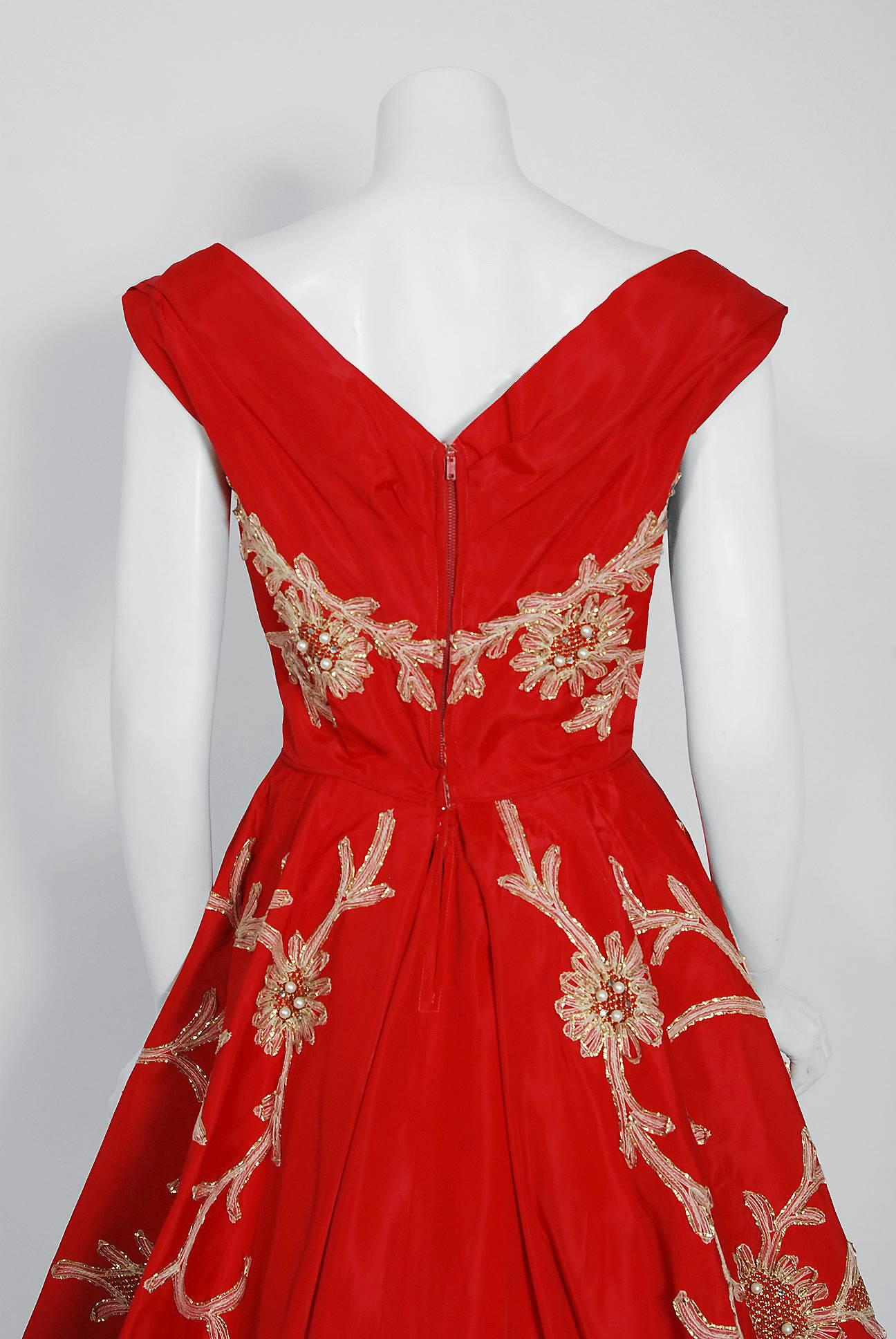 1950's Ruby Red Beaded Metallic Applique Taffeta Shelf-Bust Full Party Dress 2
