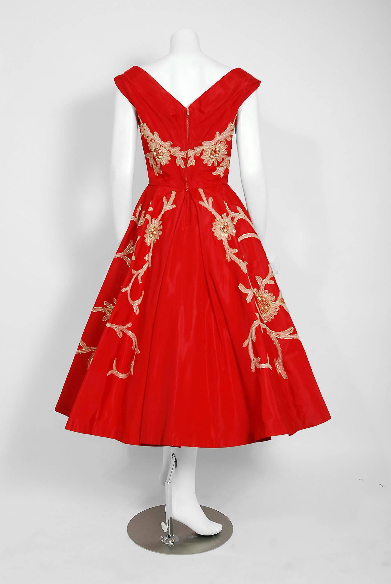 1950's Ruby Red Beaded Metallic Applique Taffeta Shelf-Bust Full Party Dress 1