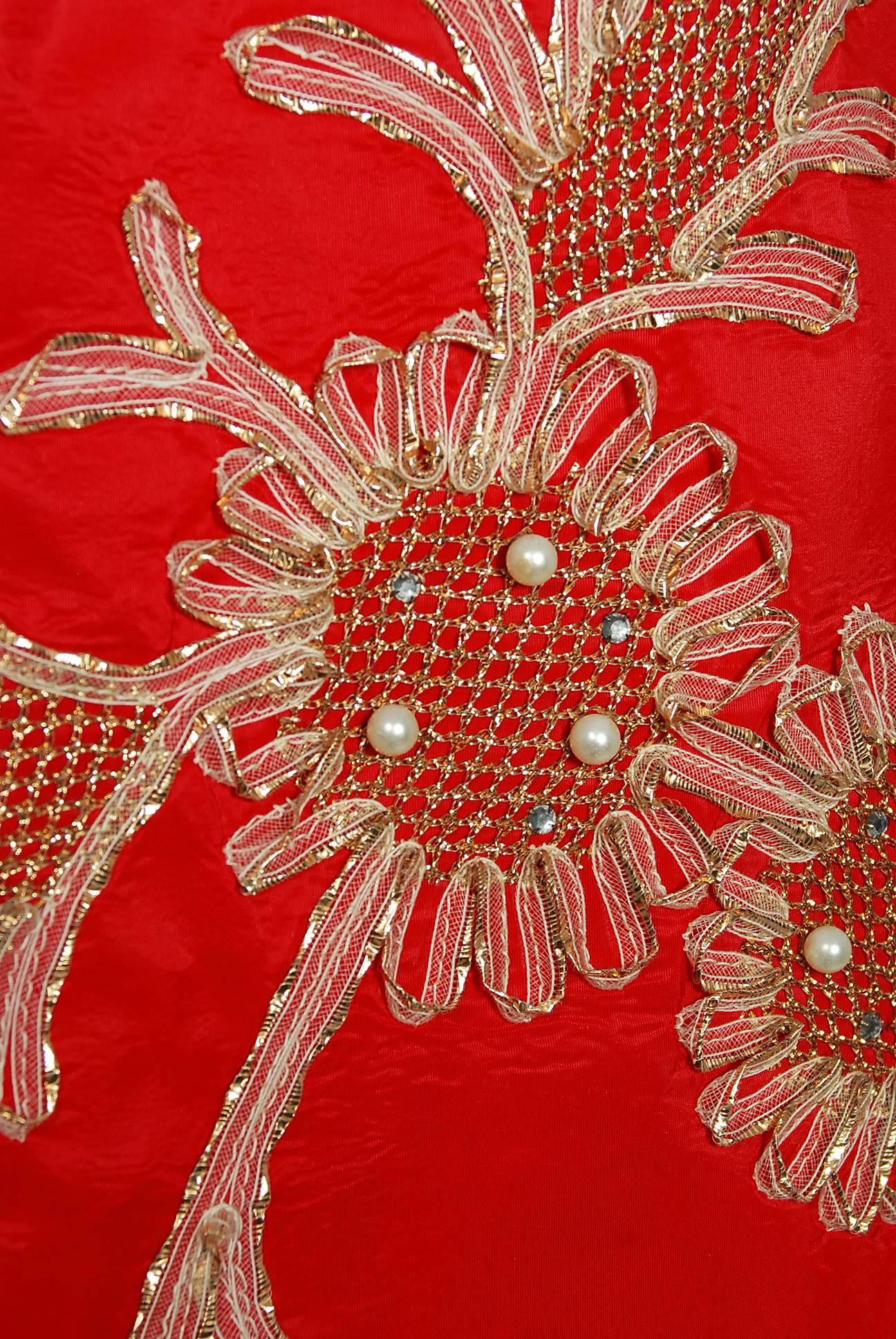 1950's Ruby Red Beaded Metallic Applique Taffeta Shelf-Bust Full Party Dress In Excellent Condition In Beverly Hills, CA