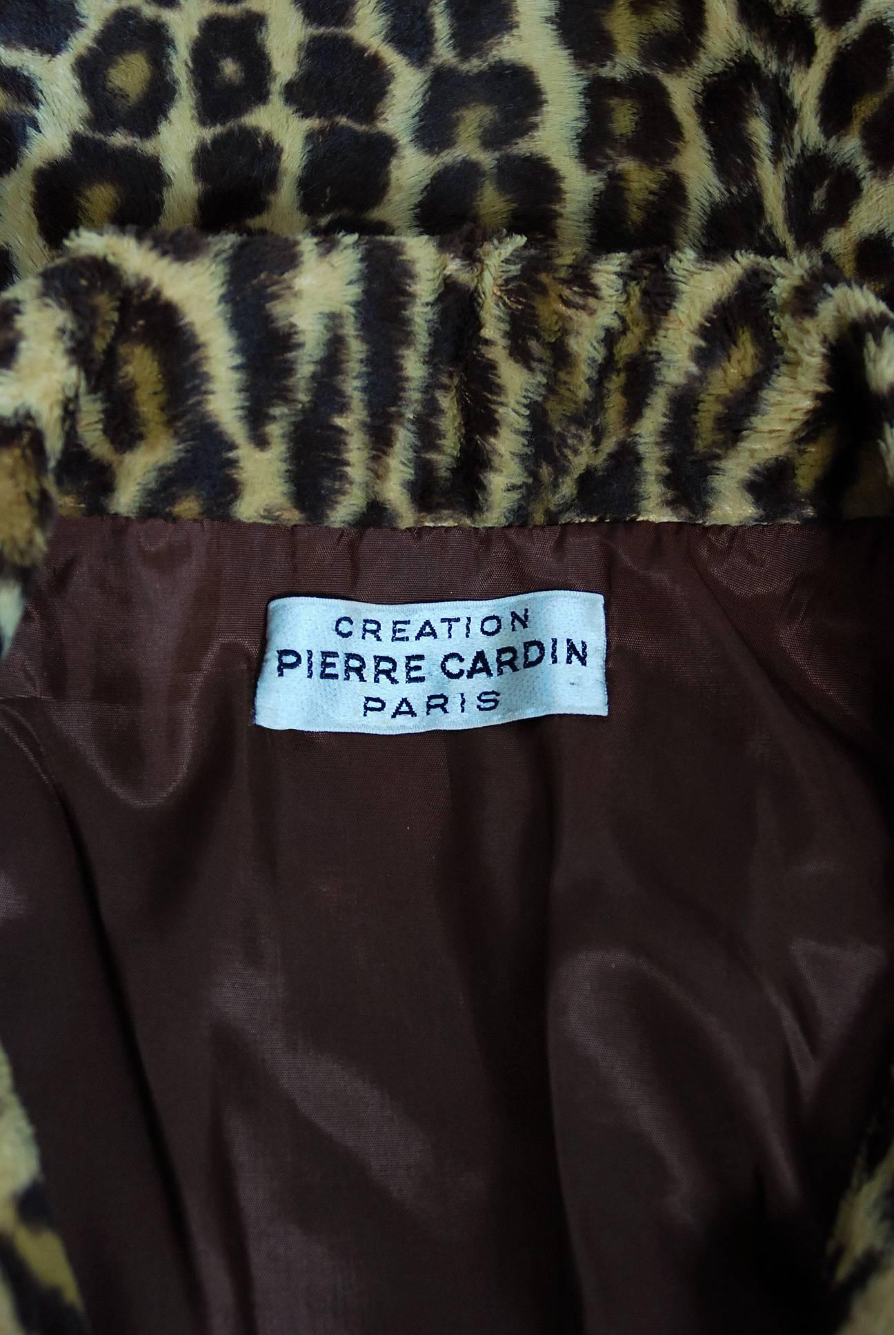 1968 Pierre Cardin Leopard Print Faux Fur Mod Space-Age Pockets Trench Jacket 1