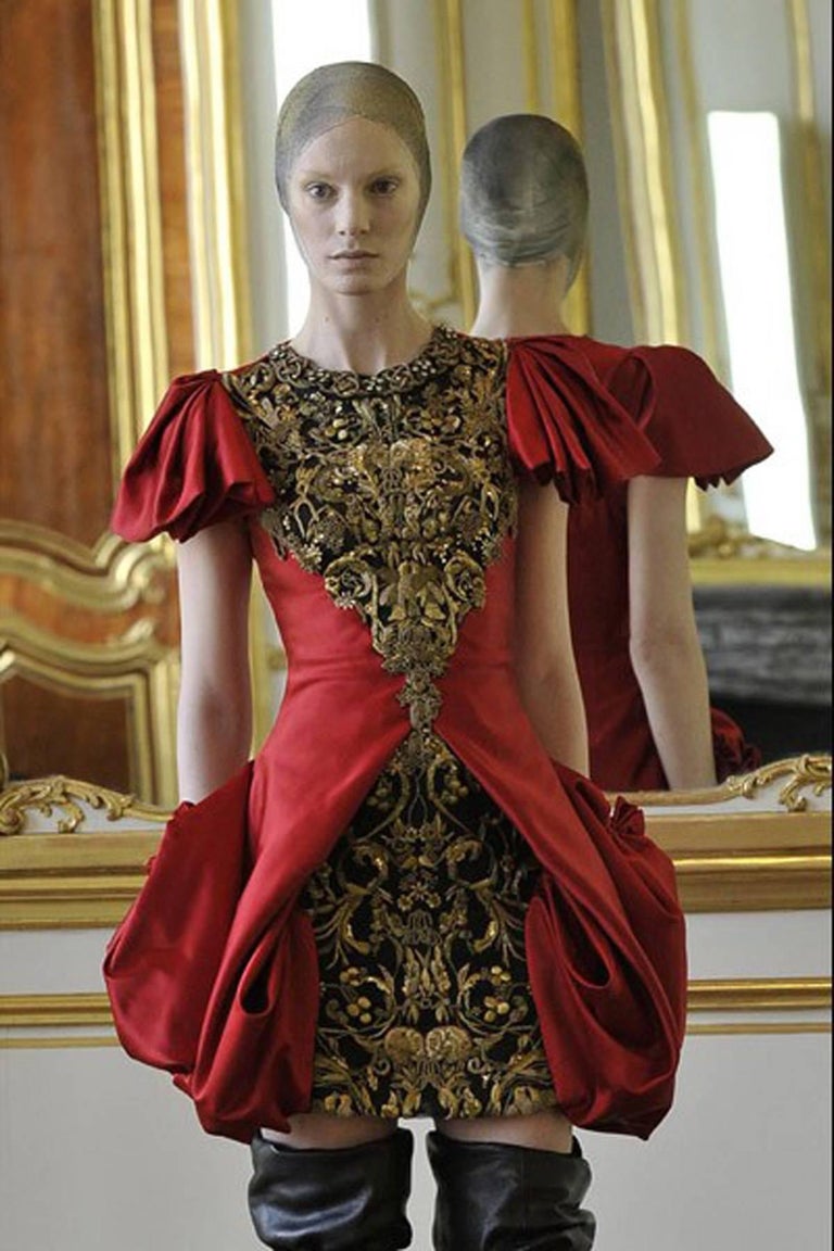 2010 Alexander McQueen Final Runway Collection Red Satin Metallic ...